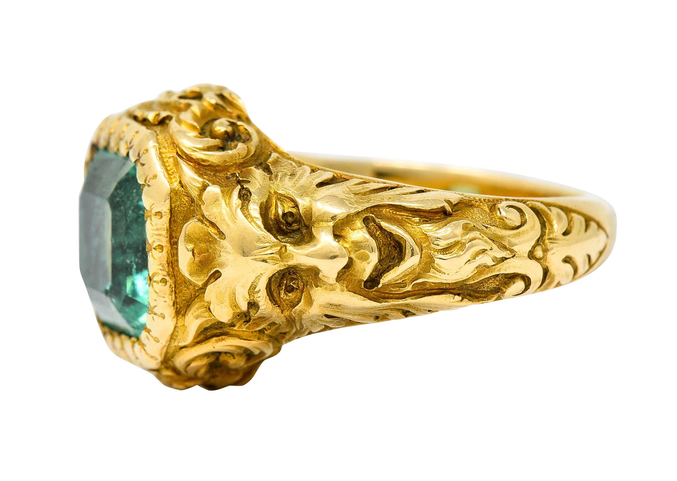 Exceptional Art Nouveau Emerald 18 Karat Gold Green Man Signet Ring In Excellent Condition In Philadelphia, PA