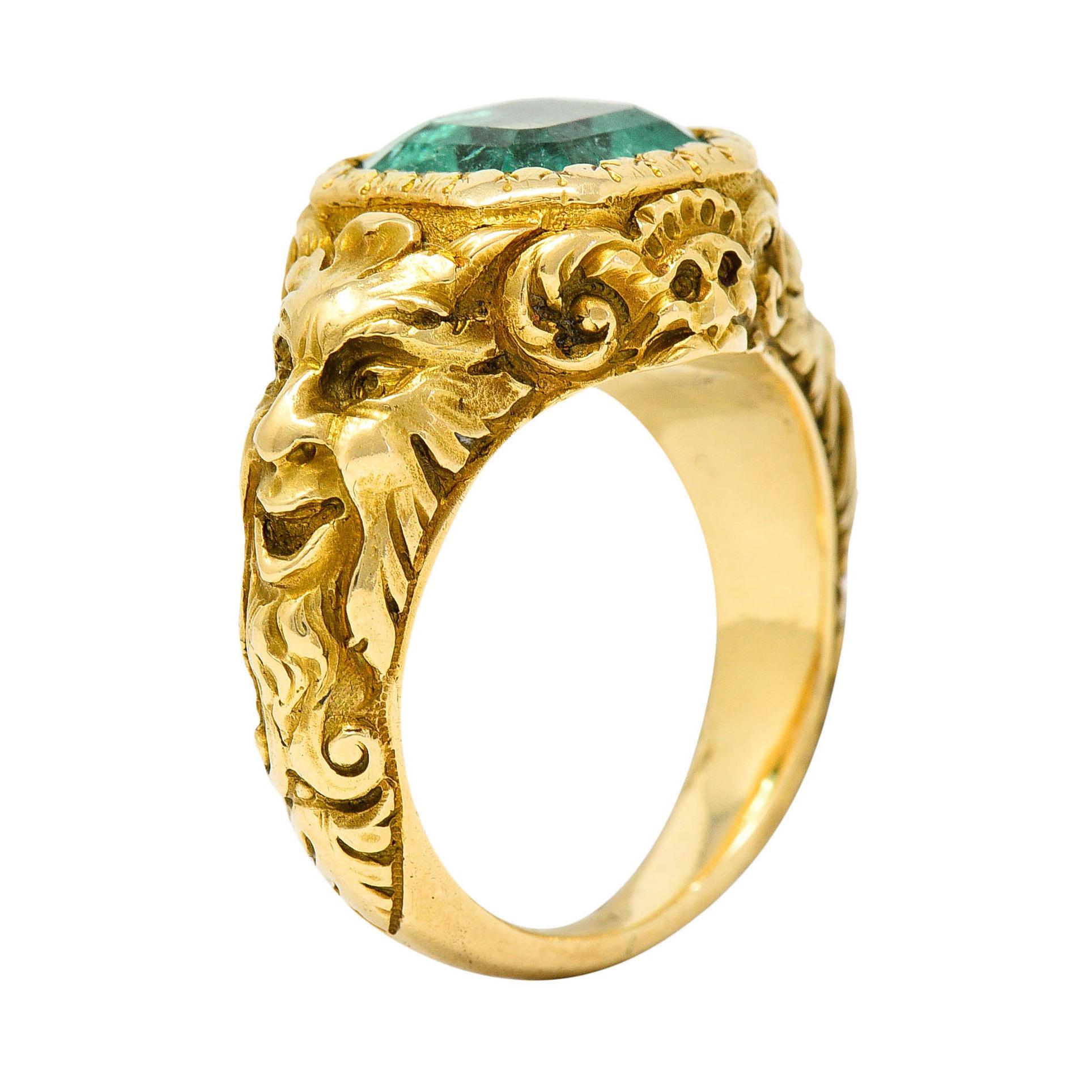 Exceptional Art Nouveau Emerald 18 Karat Gold Green Man Signet Ring