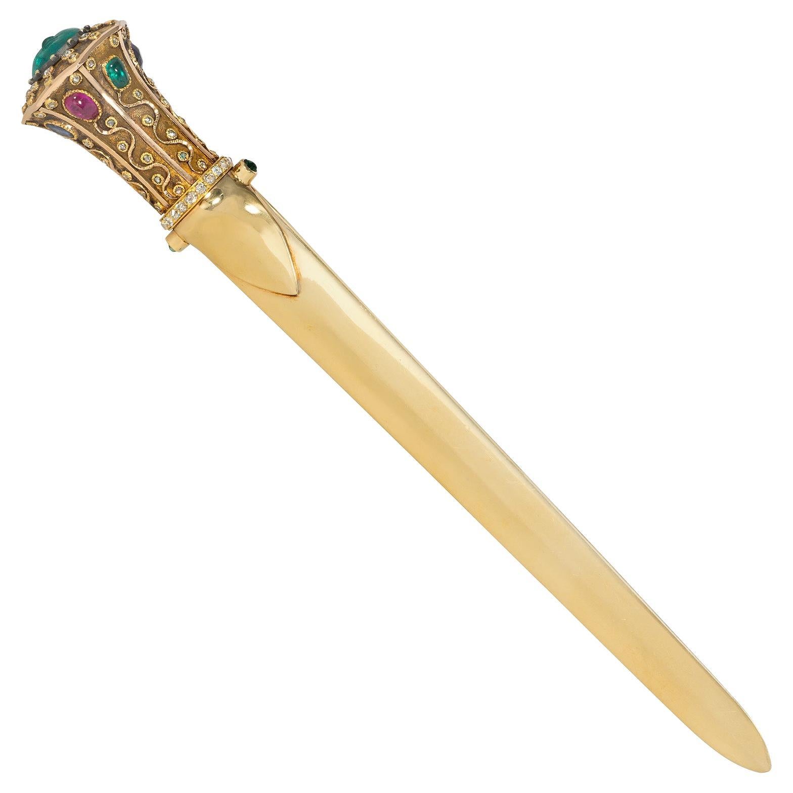 Exceptional Art Nouveau Gold and Multi-Gem Letter Opener, Carved Emerald Face For Sale
