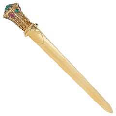 Exceptional Art Nouveau Gold and Multi-Gem Letter Opener, Carved Emerald Face