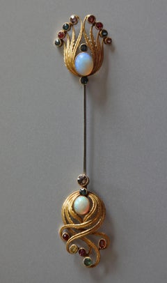 Außergewöhnliche Jugendstil-Anstecknadel in Gold mit Edelsteinenbesatz
