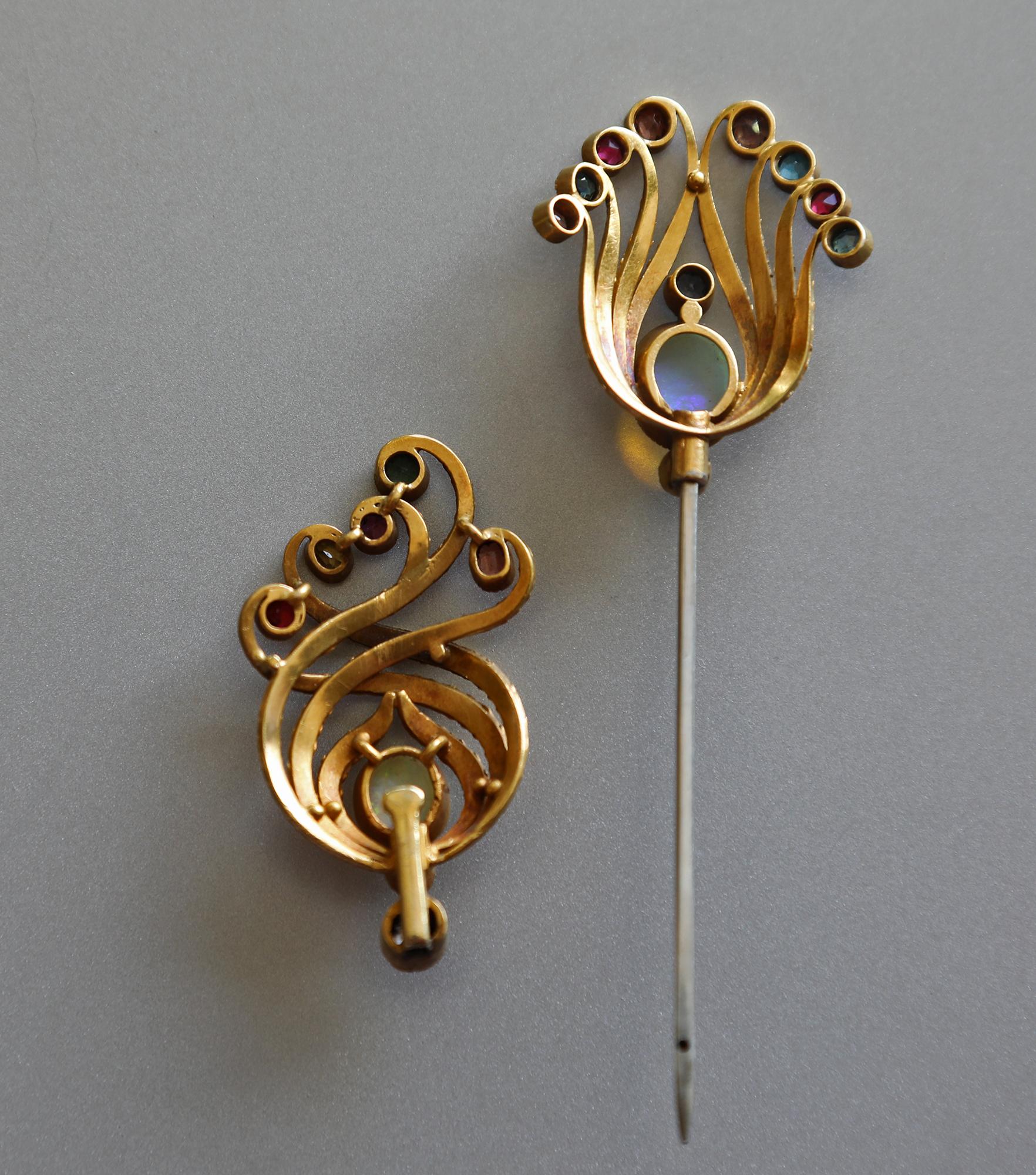 Old European Cut Exceptional Art Nouveau Gold, Gem Set Jabot Pin For Sale