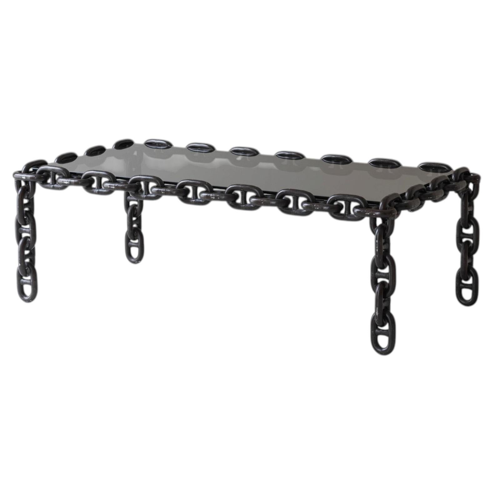 Exceptional artisan chain link coffee table, Belgium 1970s.