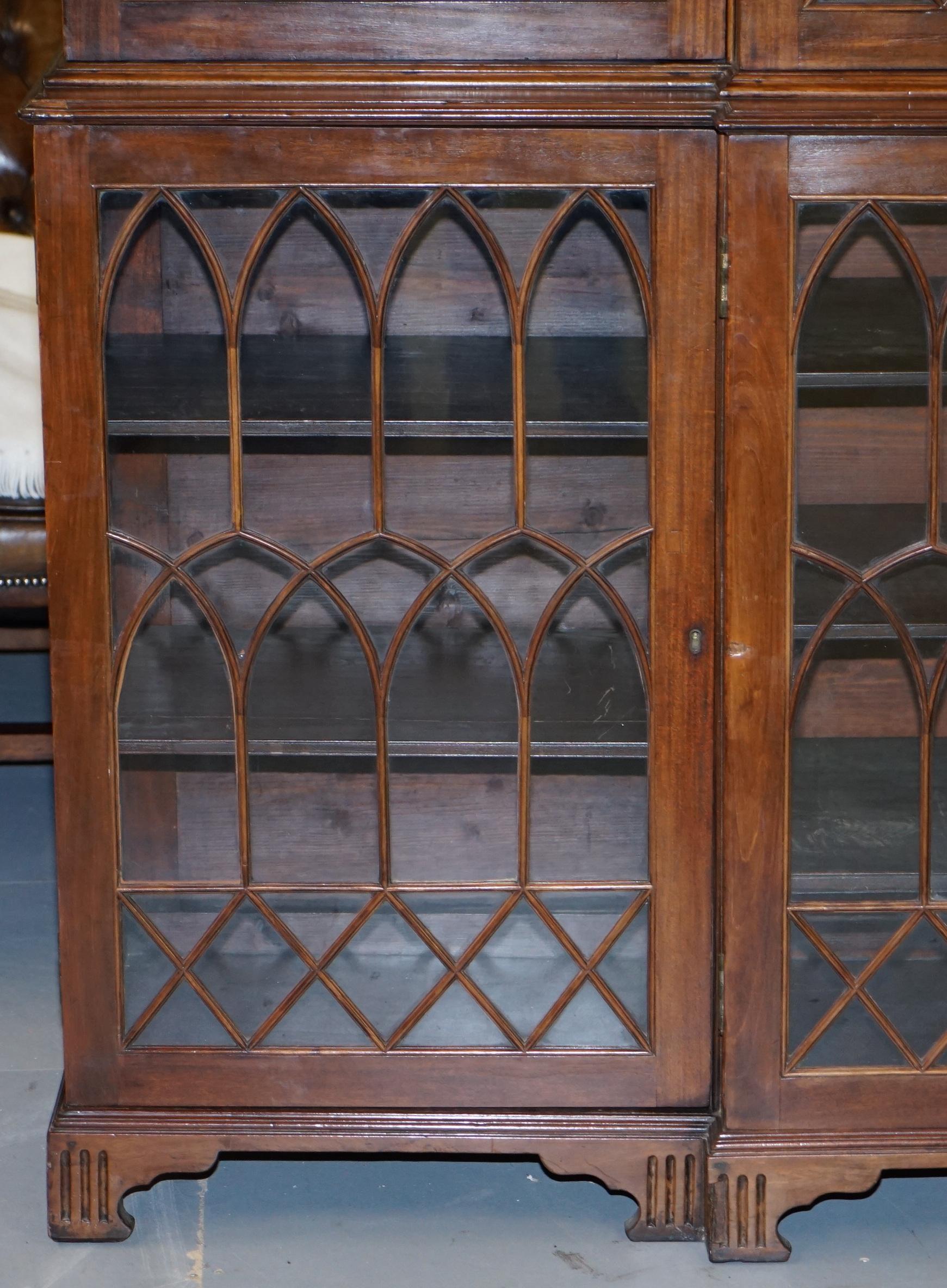 English Exceptional Astral Glazed Breakfront Library Bookcase Prince of Wales Feathers