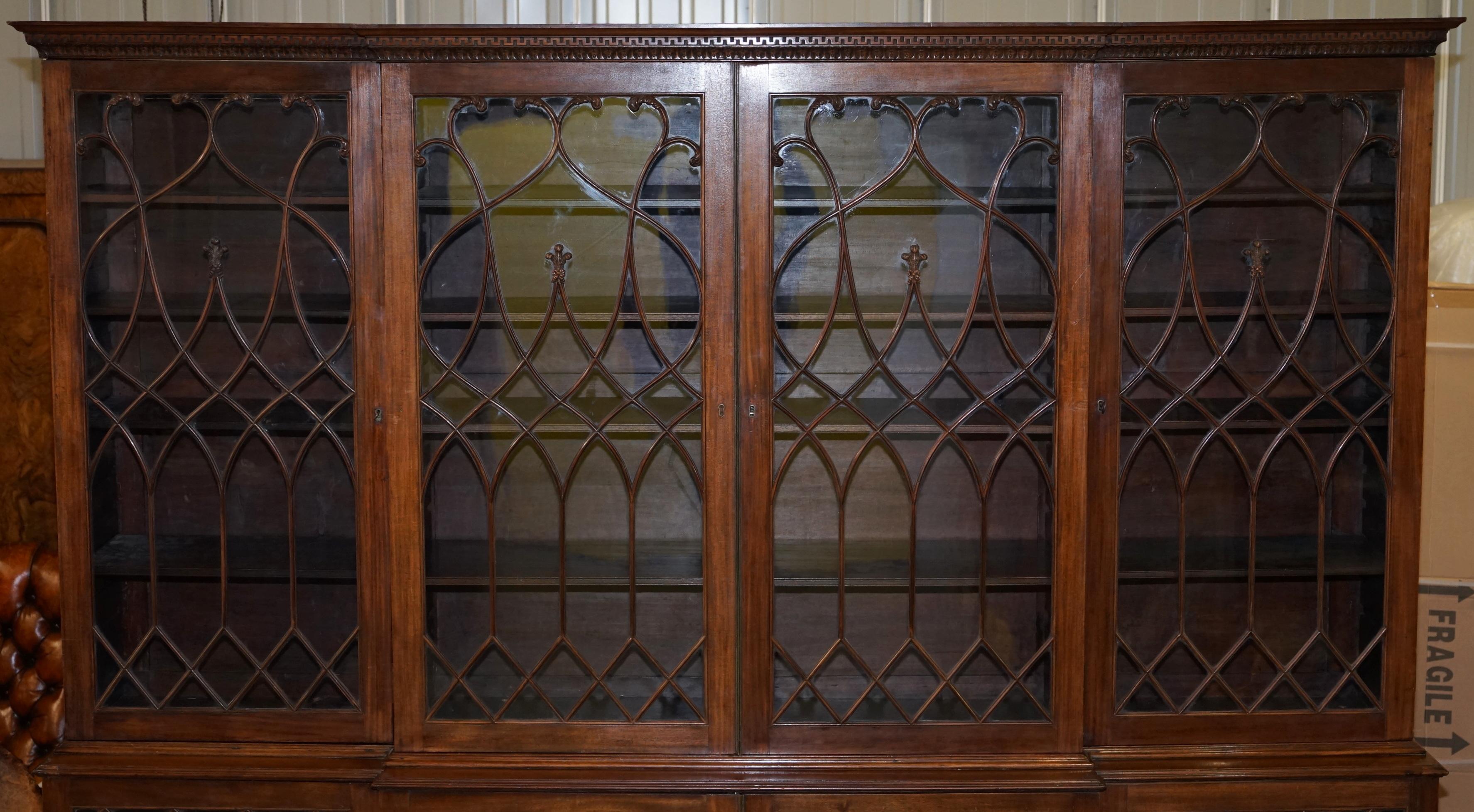 19th Century Exceptional Astral Glazed Breakfront Library Bookcase Prince of Wales Feathers