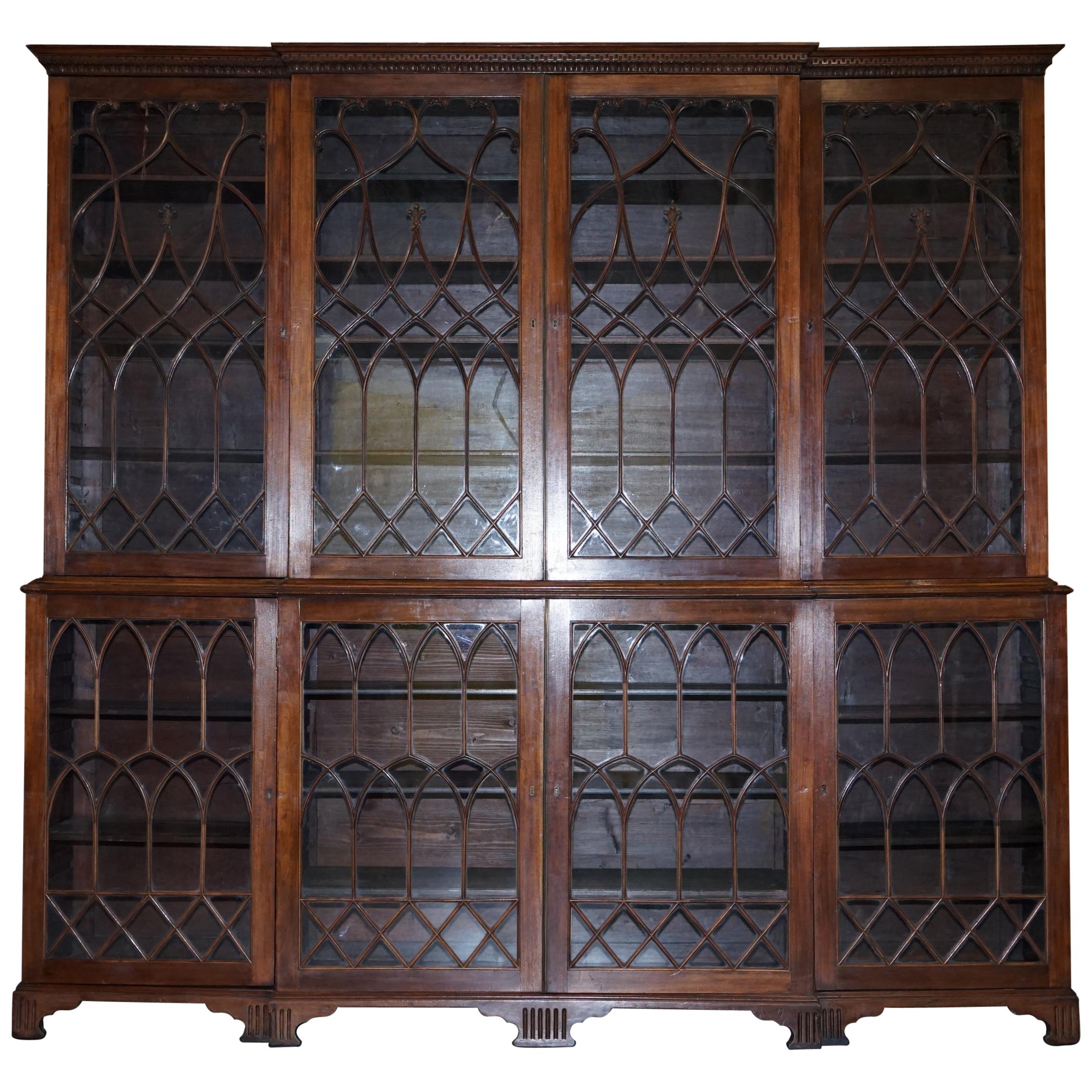 Exceptional Astral Glazed Breakfront Library Bookcase Prince of Wales Feathers