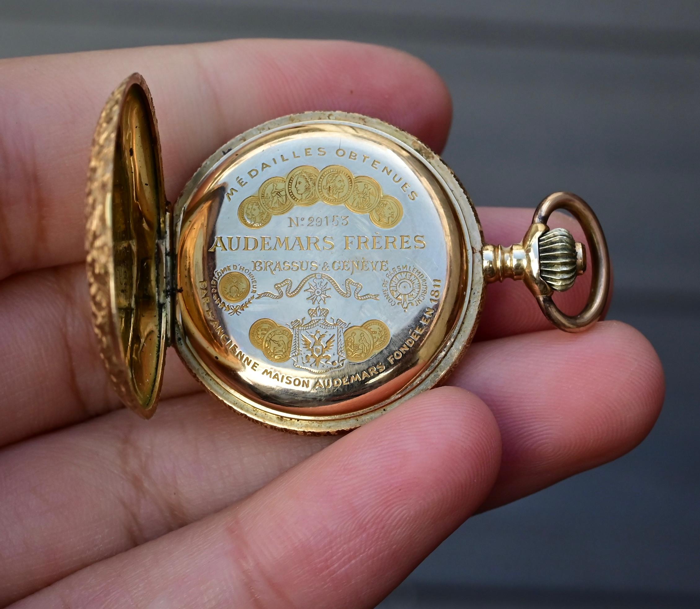 Exceptional Audemars Freres 14K Gold Enamel Pocket Watch 14