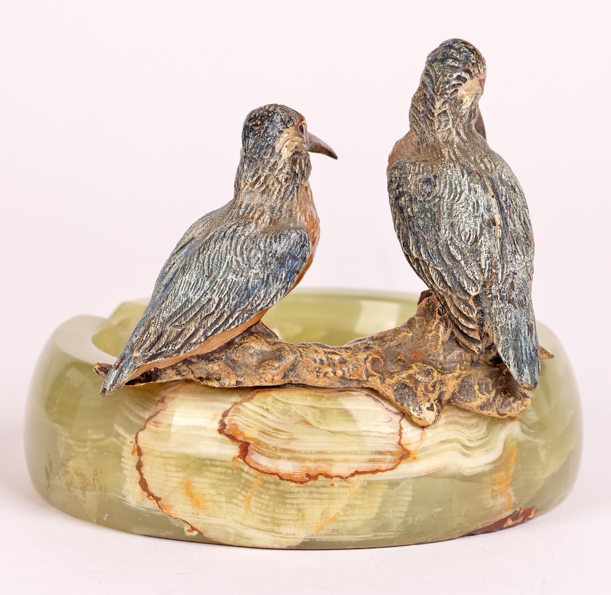 Early 20th Century Exceptional Austrian Bergmann Cold Painted Kingfishers Mounted Ashtray