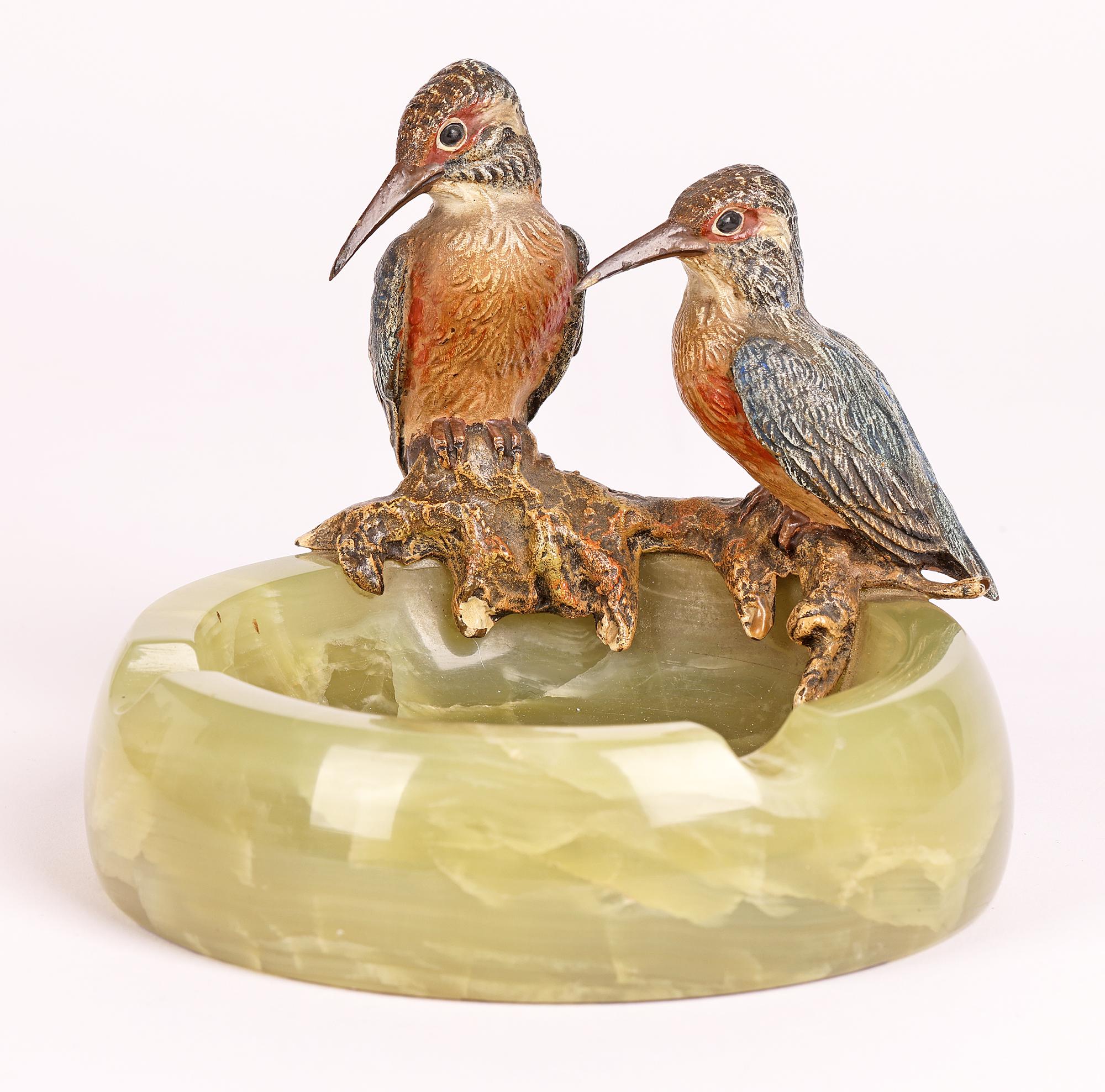 Exceptional Austrian Bergmann Cold Painted Kingfishers Mounted Ashtray 1