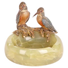 Exceptional Austrian Bergmann Cold Painted Kingfishers Mounted Ashtray