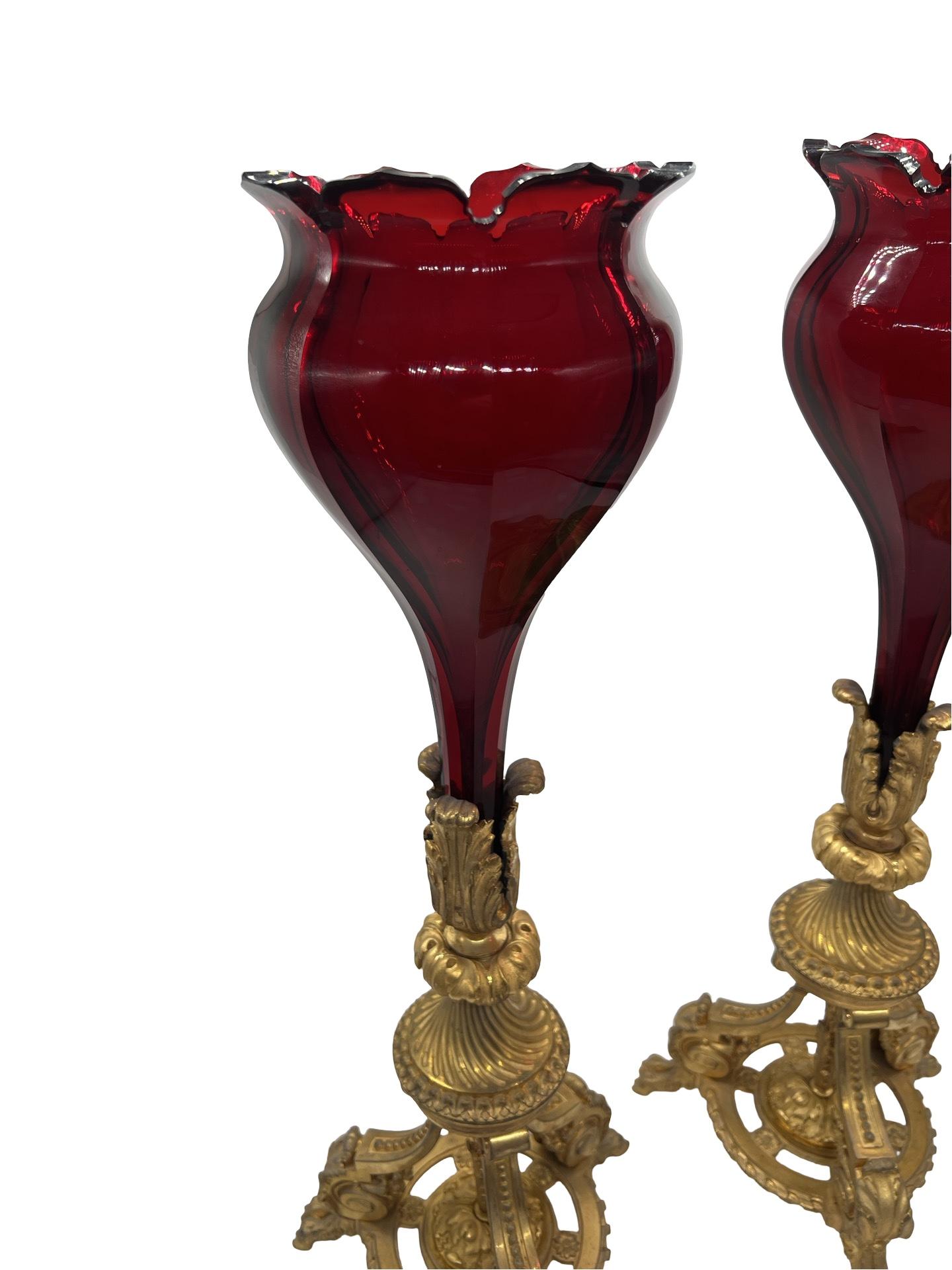 Exceptional - Baccarat Ruby Red Glass & Bronze Ormolu Neoclassical Trumpet Vases For Sale 10