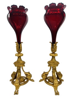 Exceptional - Baccarat Ruby Red Glass & Bronze Ormolu Neoclassical Trumpet Vases