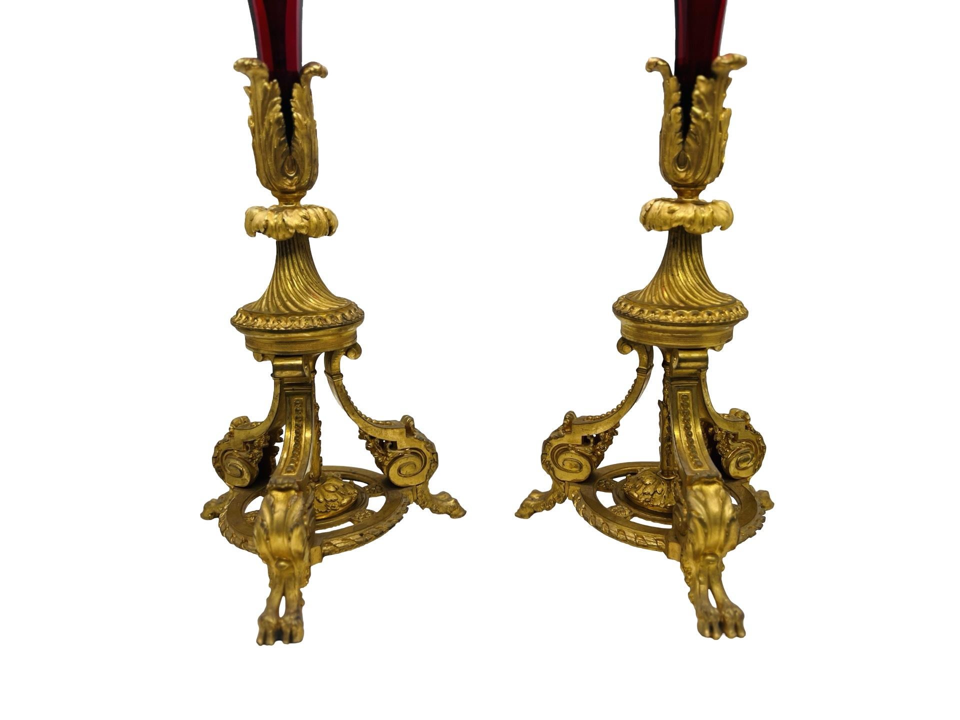 French Exceptional - Baccarat Ruby Red Glass & Bronze Ormolu Neoclassical Trumpet Vases For Sale