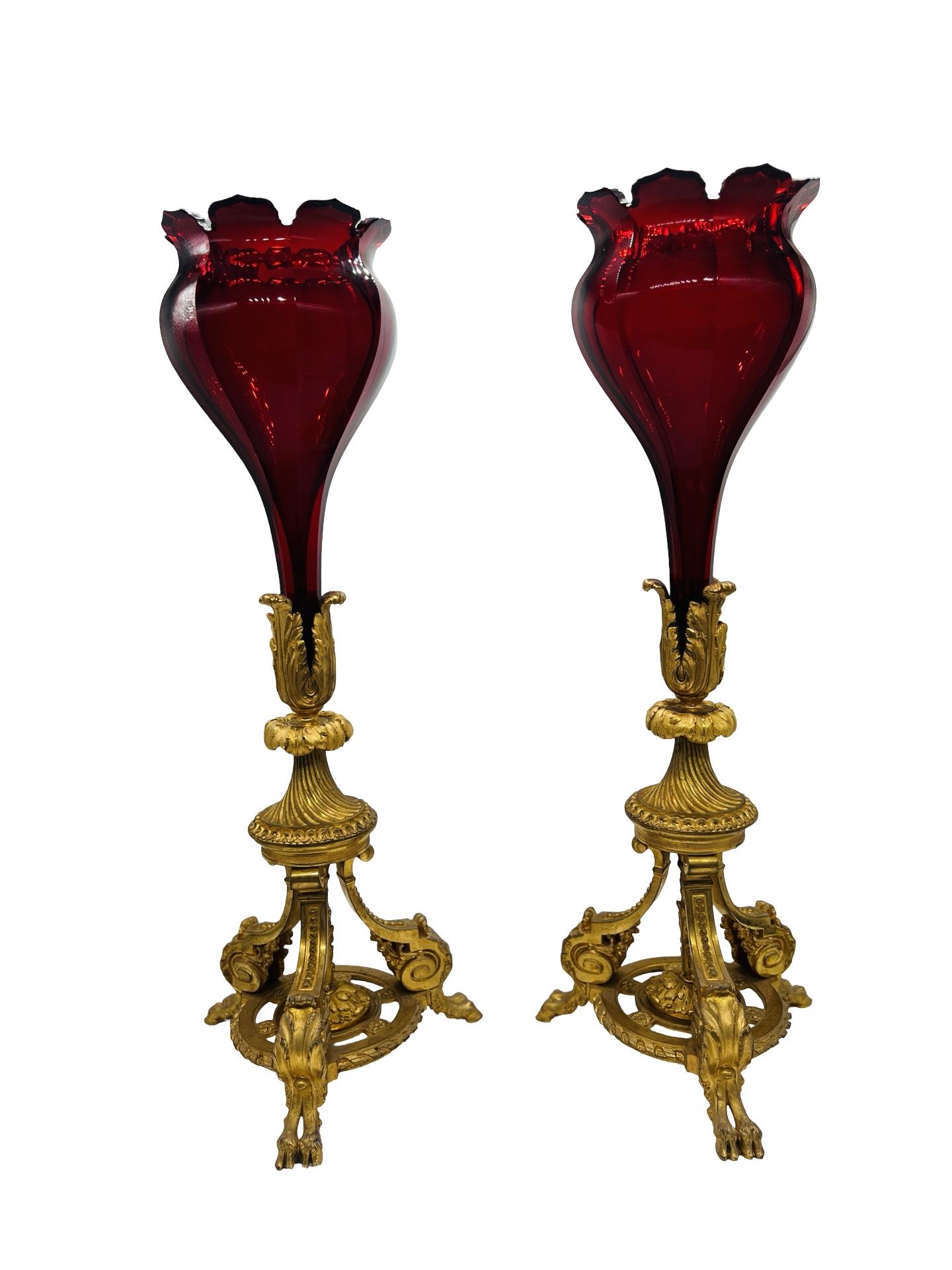 Exceptional - Baccarat Ruby Red Glass & Bronze Ormolu Neoclassical Trumpet Vases In Good Condition For Sale In Atlanta, GA