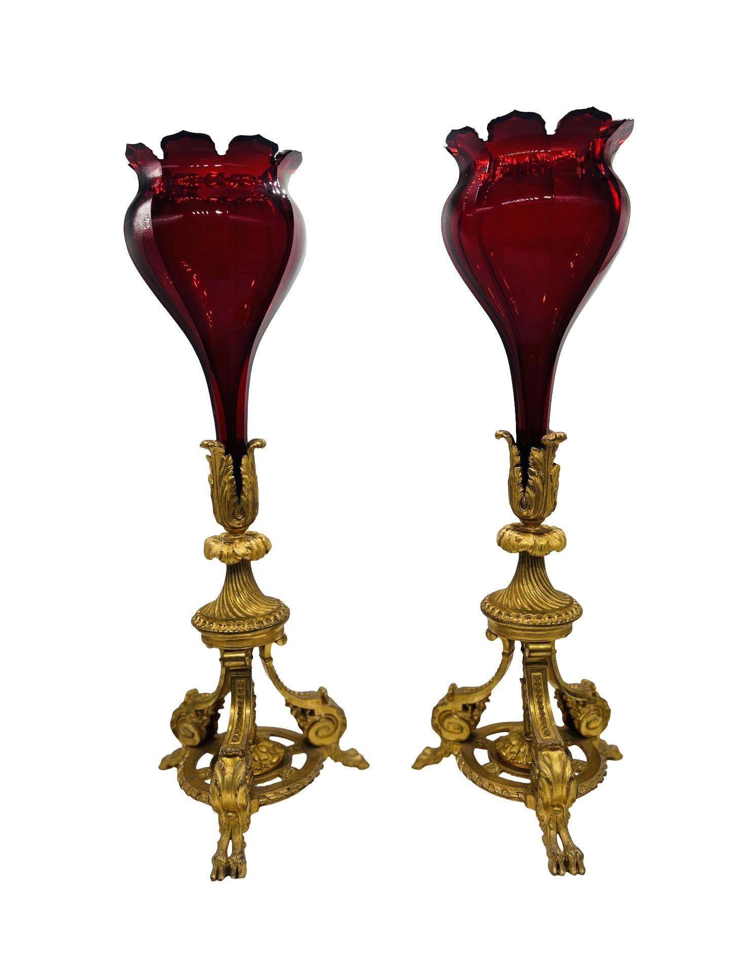 19th Century Exceptional - Baccarat Ruby Red Glass & Bronze Ormolu Neoclassical Trumpet Vases For Sale