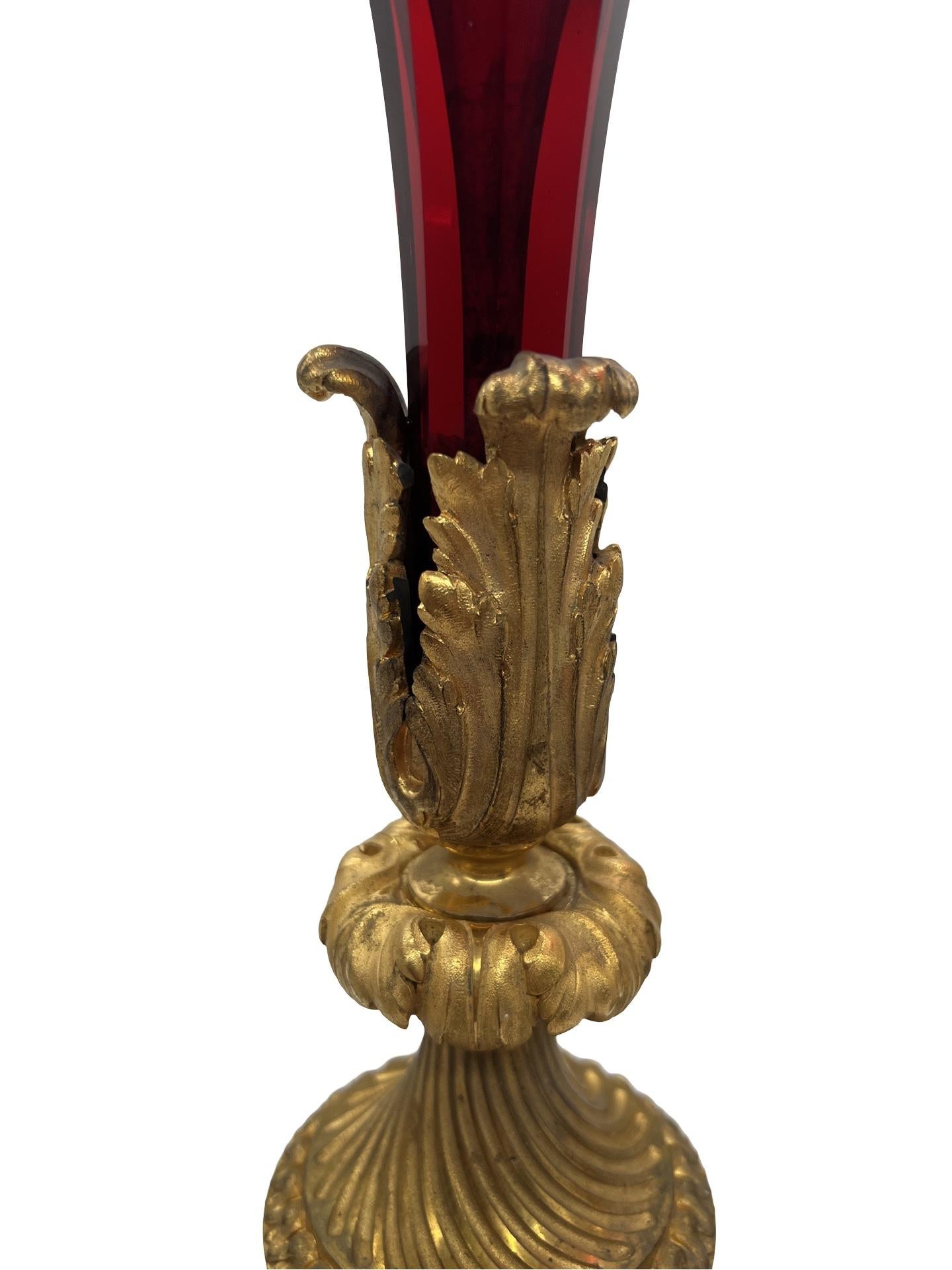 Exceptional - Baccarat Ruby Red Glass & Bronze Ormolu Neoclassical Trumpet Vases For Sale 3