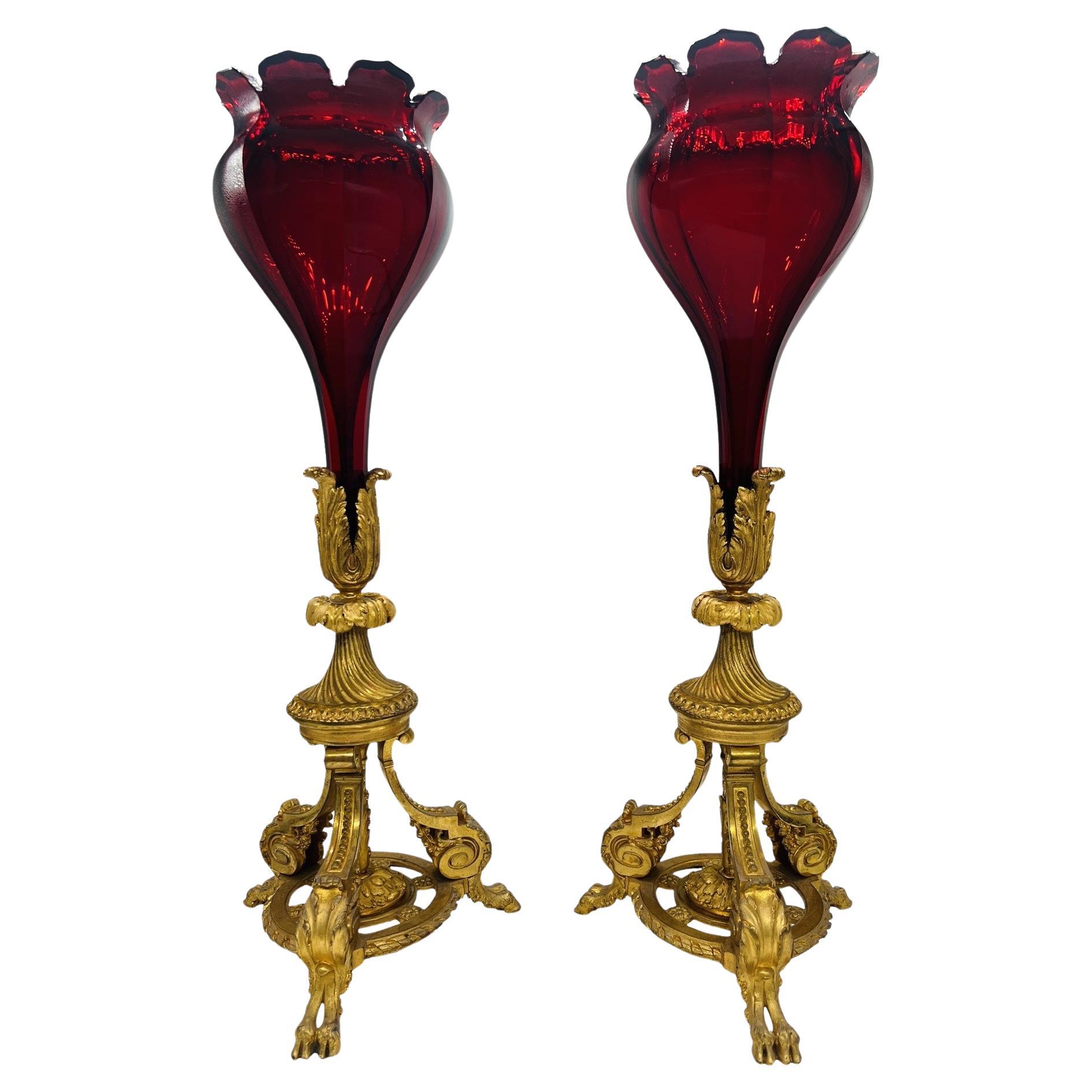 Exceptional - Baccarat Ruby Red Glass & Bronze Ormolu Neoclassical Trumpet Vases For Sale
