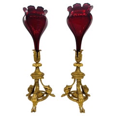 Used Exceptional - Baccarat Ruby Red Glass & Bronze Ormolu Neoclassical Trumpet Vases