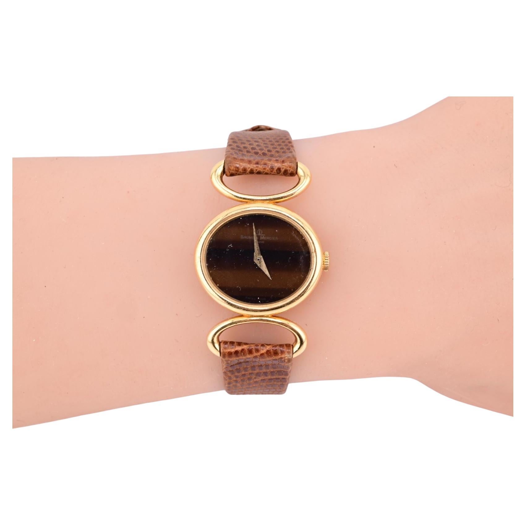Exceptional Baume Mercier Ladies Tiger Eye Dial Wristwatch 18K Yellow Gold