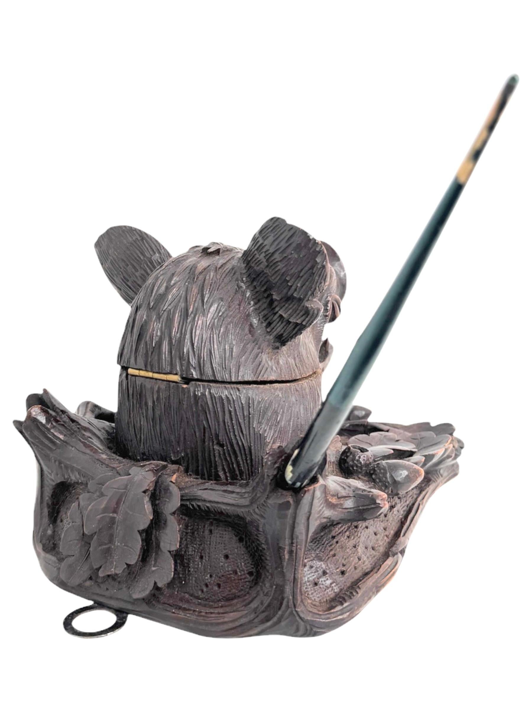Außergewöhnliche Black Forest Holz geschnitzt Brienz Wildschwein Tintenfass Deutsch Antike im Angebot 2