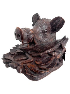 Exceptional Black Forest Wood Carved Brienz Wild Boar Inkwell German Antique