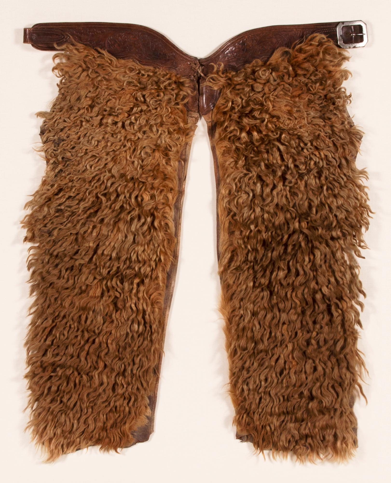 Exceptional, blonde, wooly, angora chaps, Circa 1880-1920

Wooly chaps made of leather and canvas, faced with dyed Angora, unsigned, but beautifully graphic and of exceptional quality. The blonde color, scale, and state of preservation are of