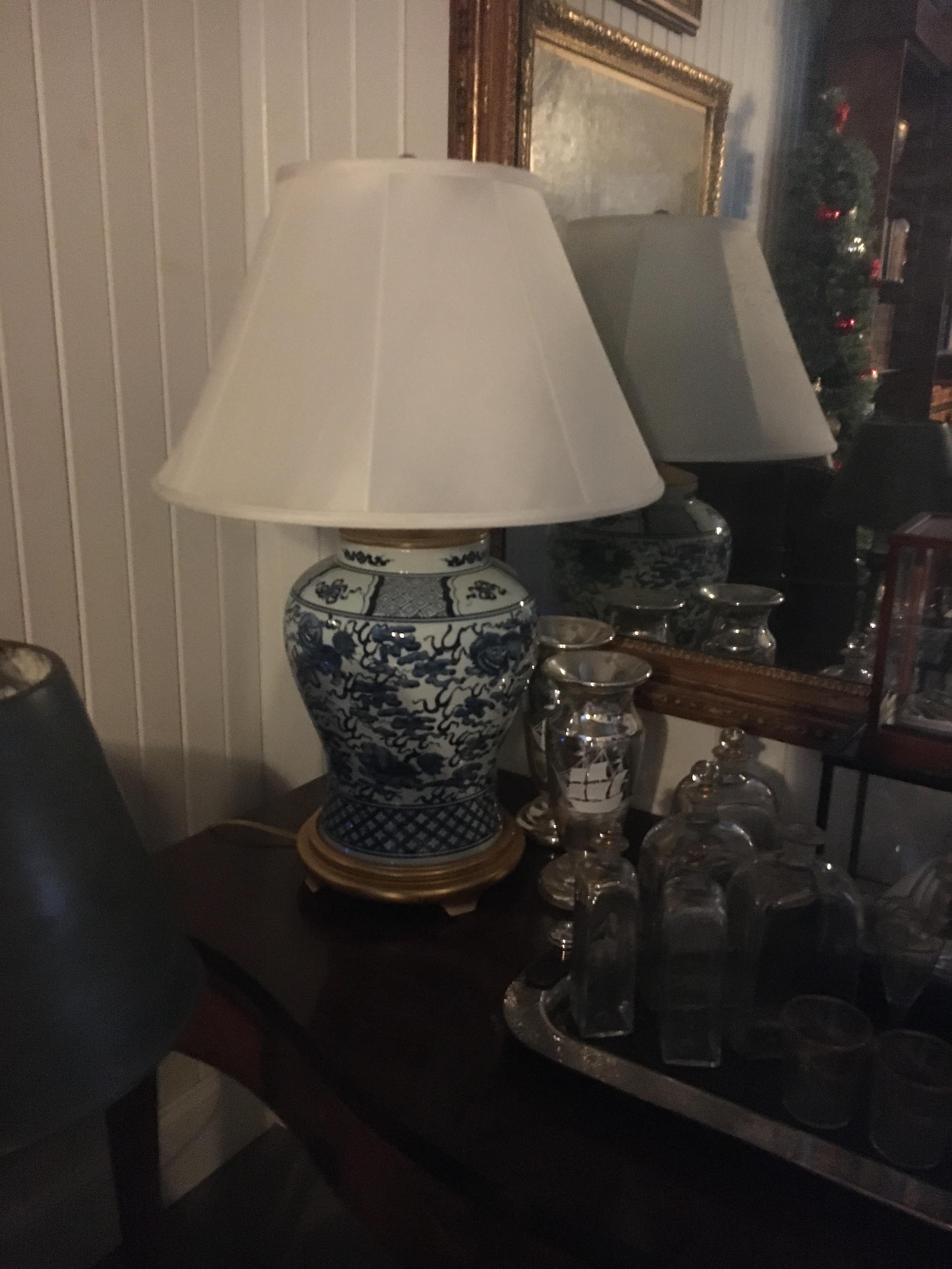 20th Century Exceptional Blue and White Vase on Giltwood Base Mounted as Lamp, Ralph Lauren 