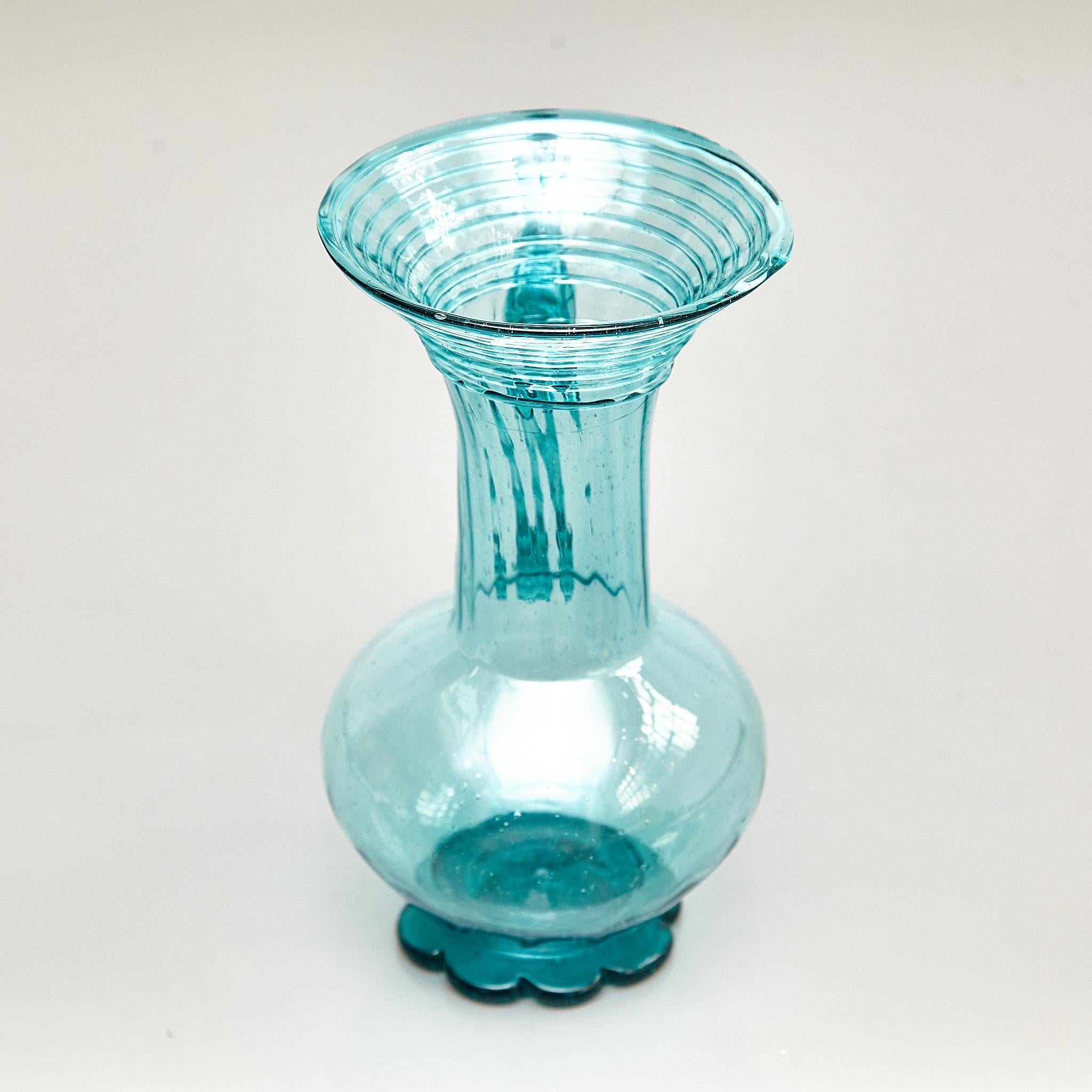 20th Century Exceptional Blue Blown Glass Vase - Circa 1940 - Spanish Craftsmanship