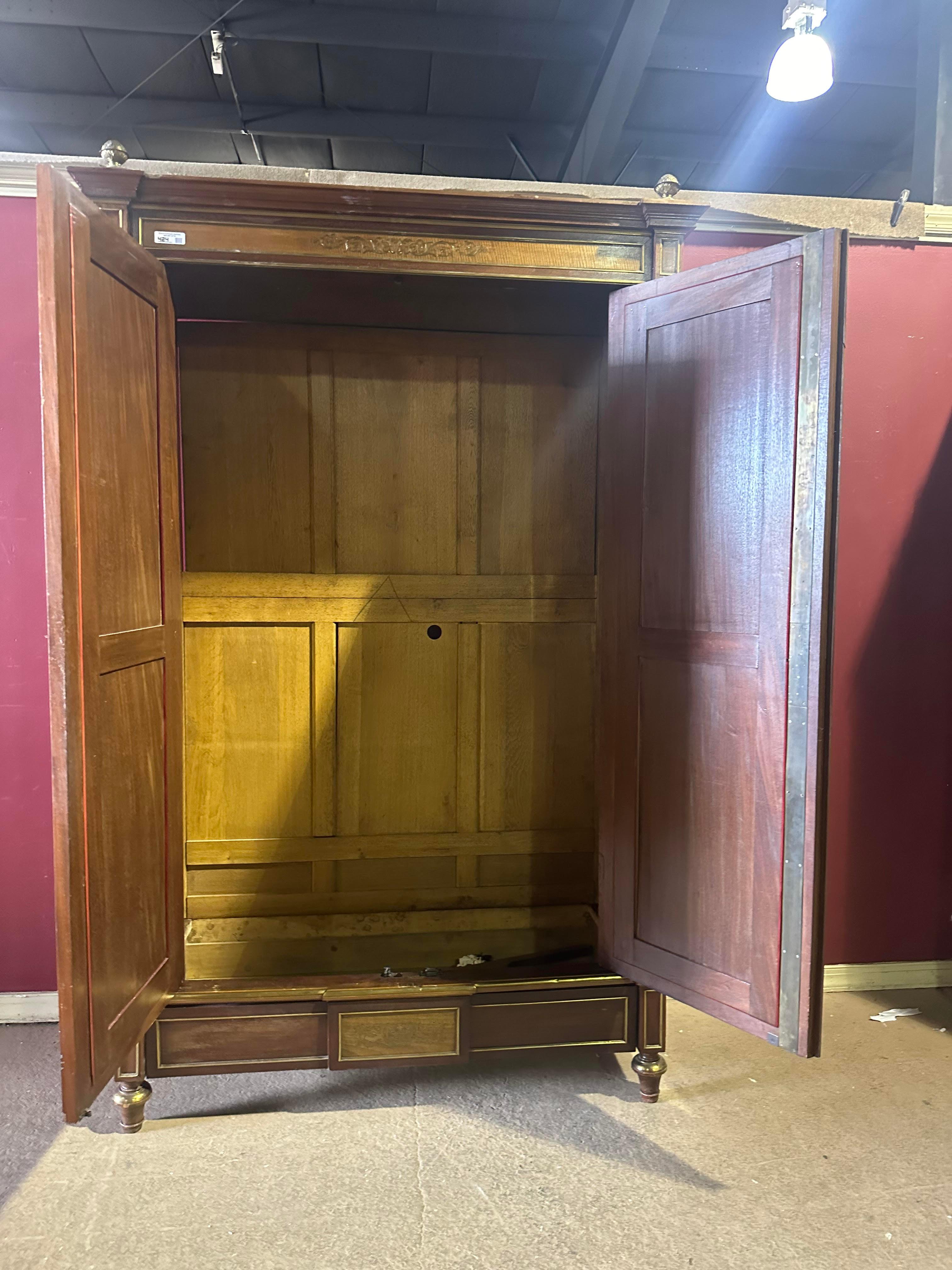 Exceptional Brass Inlaid French Directoire Beveled Mirrored Armoire TV Cabinet For Sale 9