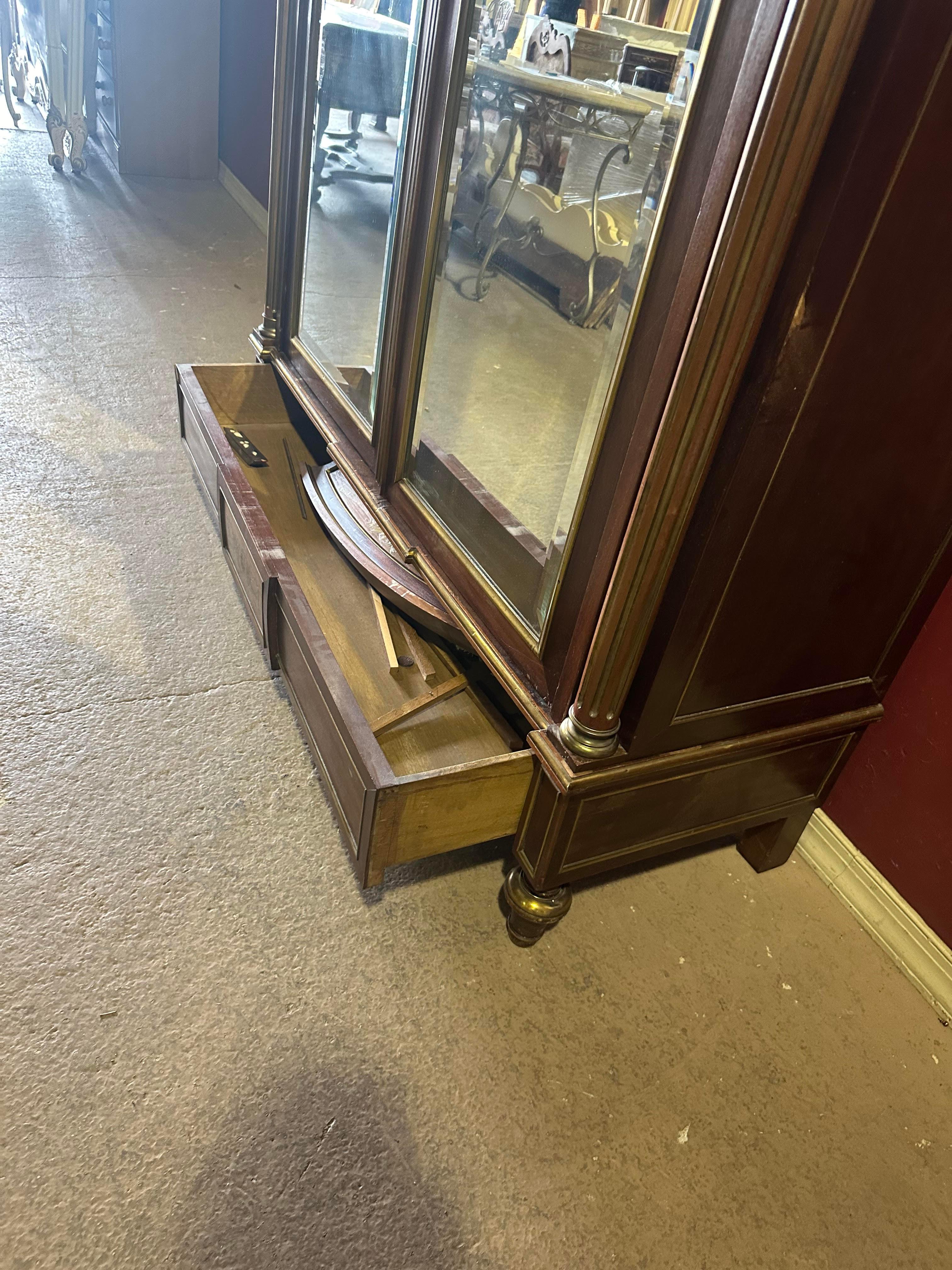 Exceptional Brass Inlaid French Directoire Beveled Mirrored Armoire TV Cabinet For Sale 11