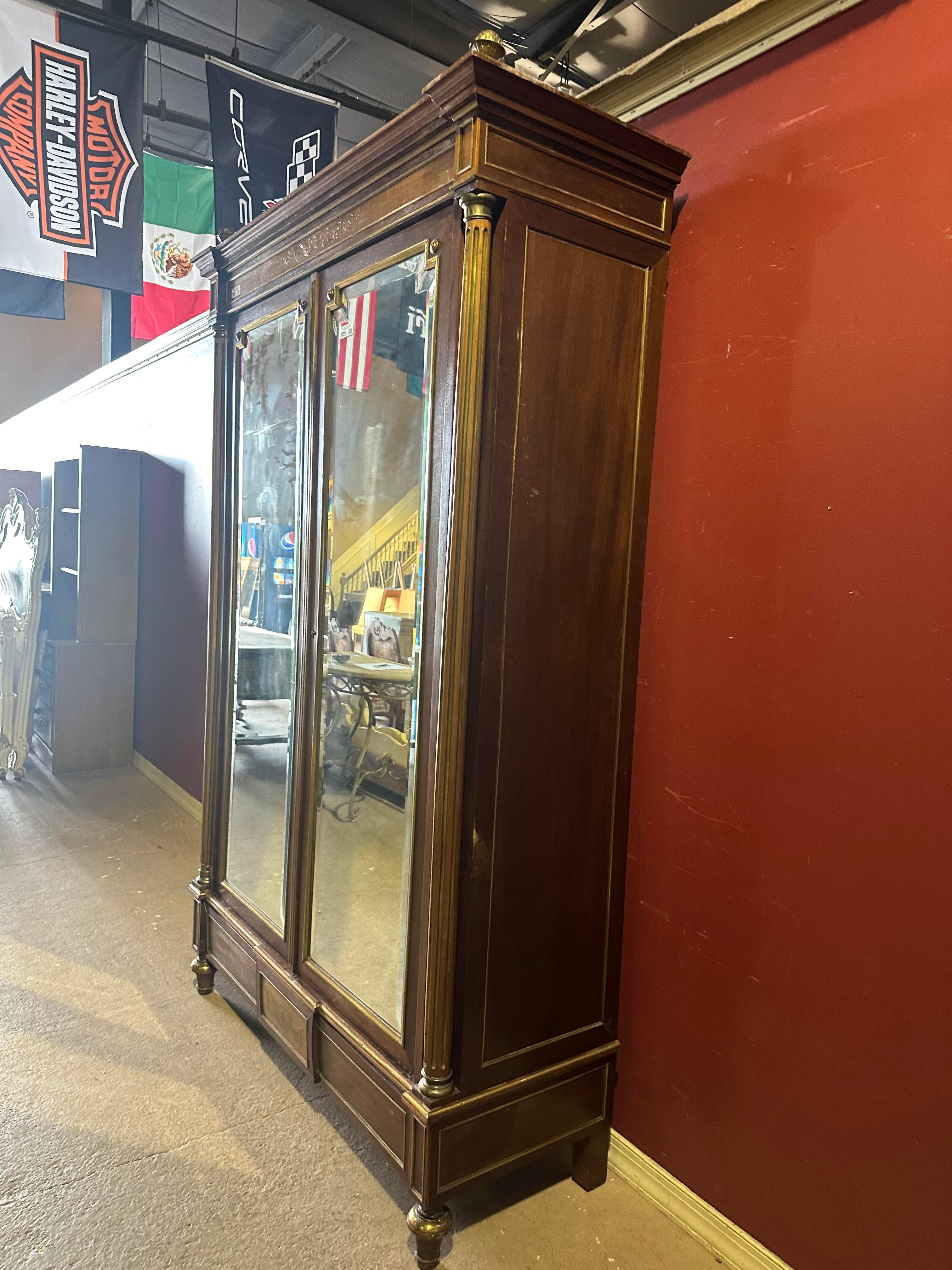 Exceptional Brass Inlaid French Directoire Beveled Mirrored Armoire TV Cabinet For Sale 14