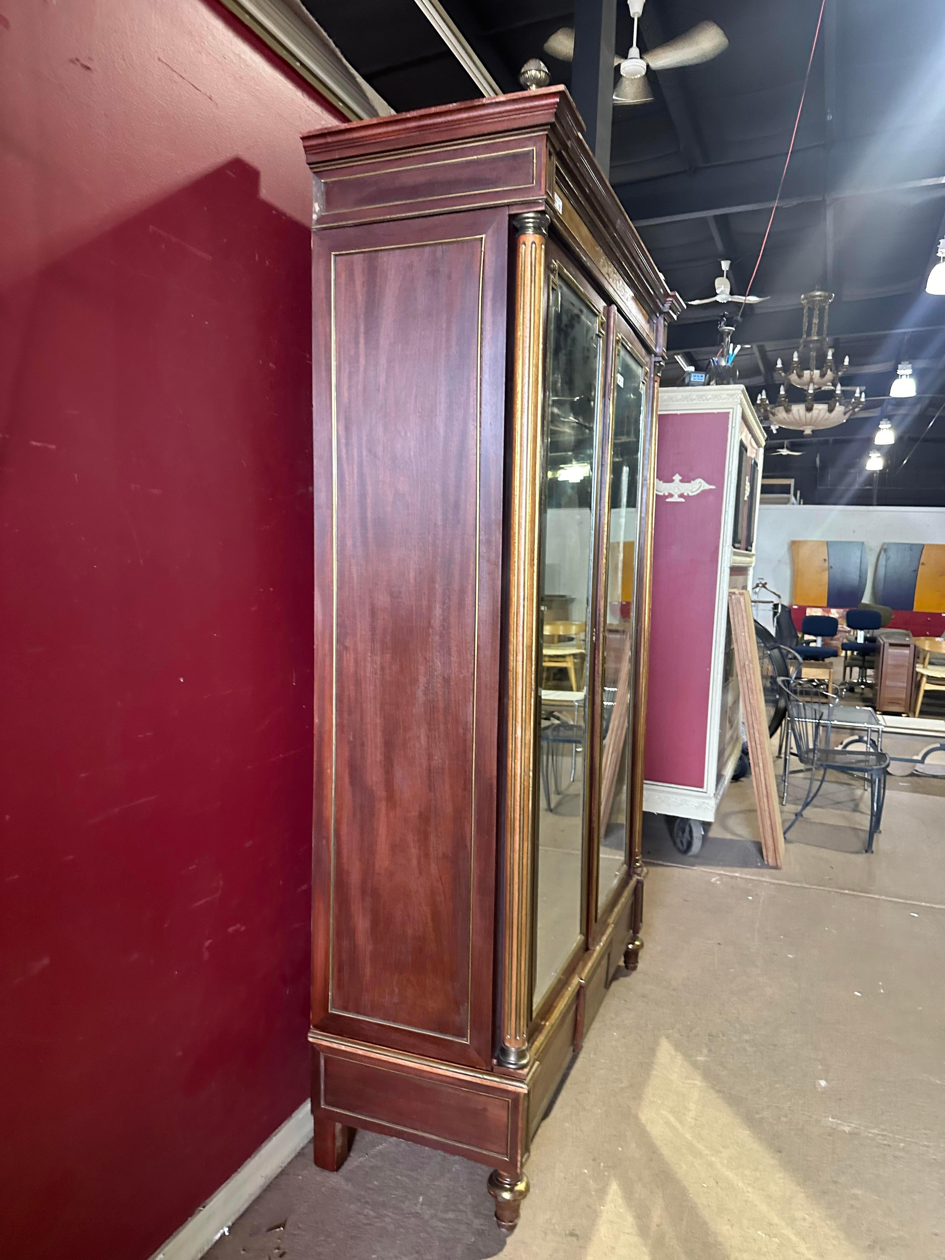 Exceptional Brass Inlaid French Directoire Beveled Mirrored Armoire TV Cabinet For Sale 16