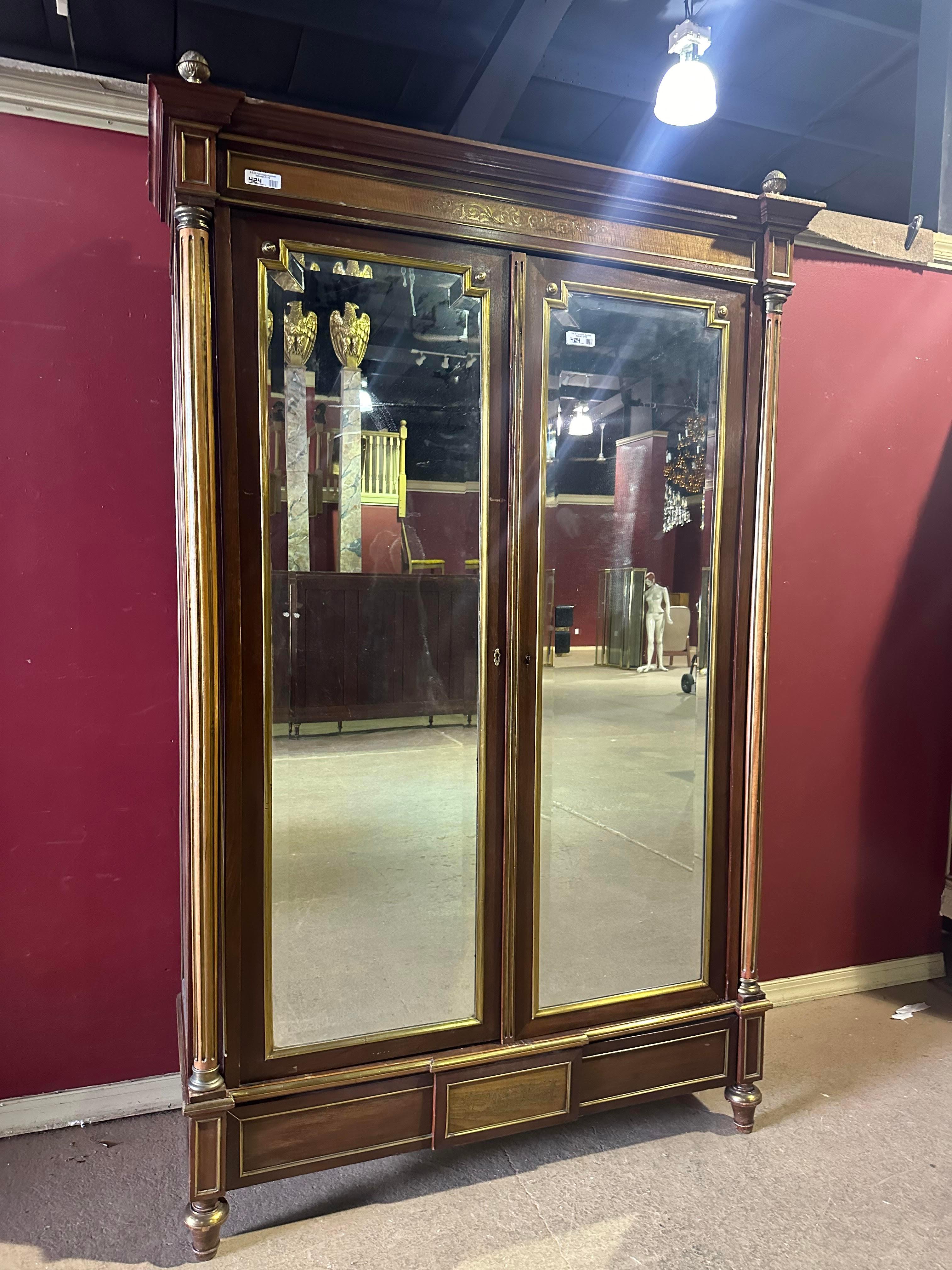 Exceptional Brass Inlaid French Directoire Beveled Mirrored Armoire TV Cabinet For Sale 5