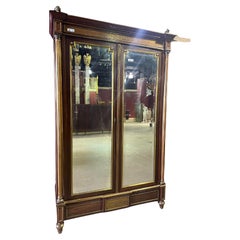 Antique Exceptional Brass Inlaid French Directoire Beveled Mirrored Armoire TV Cabinet 