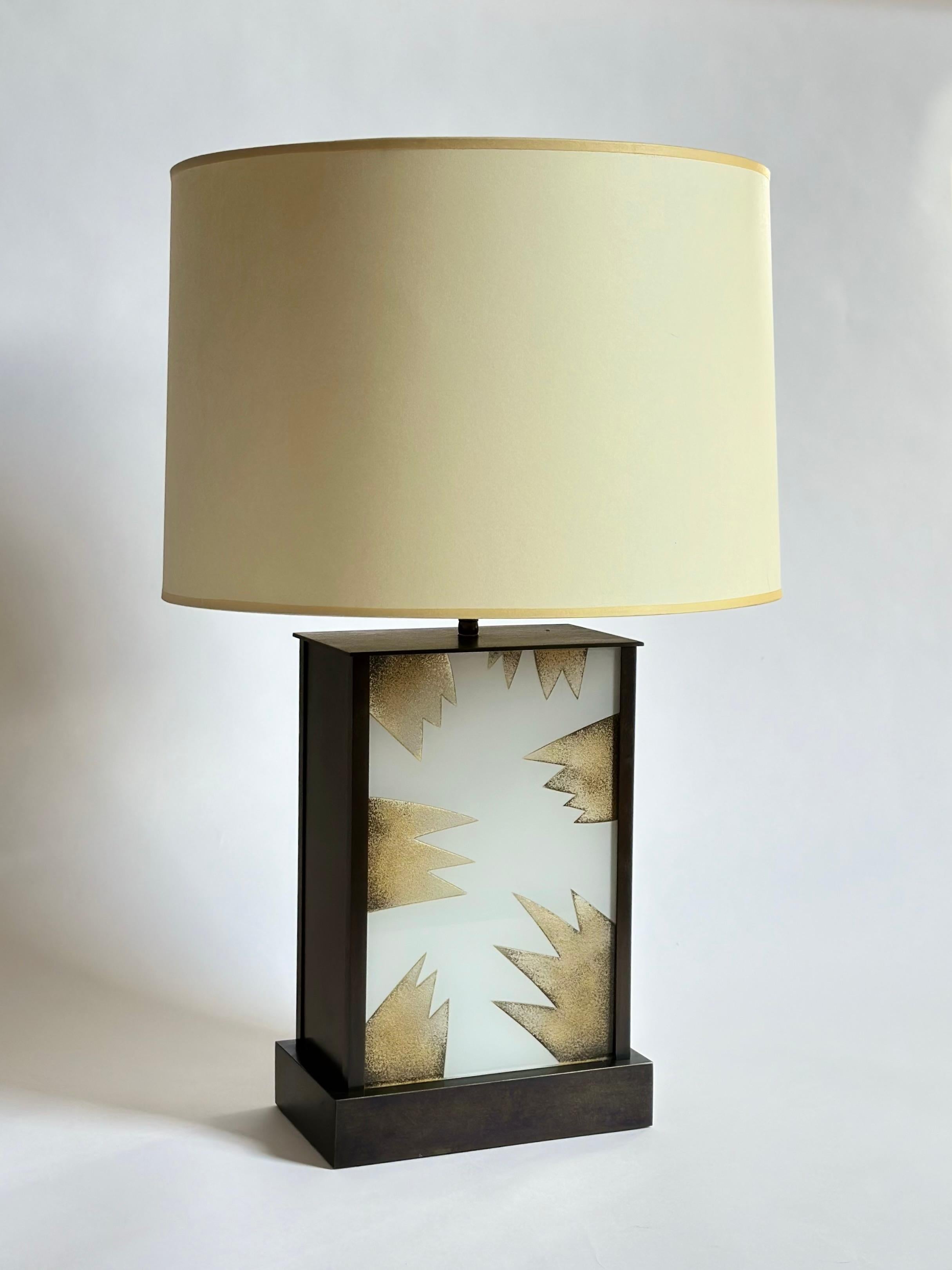 American Exceptional Bronze and Reverse Painted Glass Illuminated Modern Table Lamp For Sale