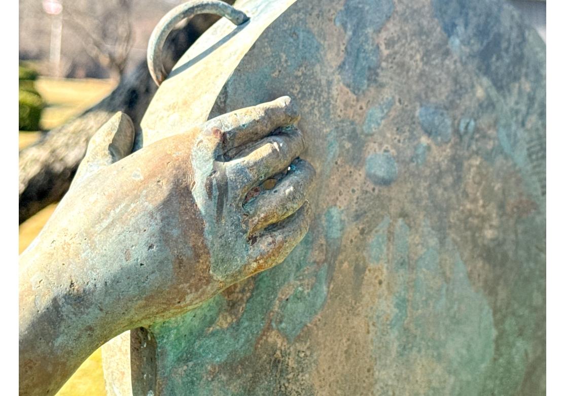 Exceptional  Bronze Garden Sculpture Of  Neoclassical Youth With Tambourine In Distressed Condition For Sale In Bridgeport, CT