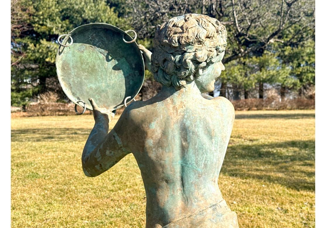 Exceptional  Bronze Garden Sculpture Of  Neoclassical Youth With Tambourine For Sale 1