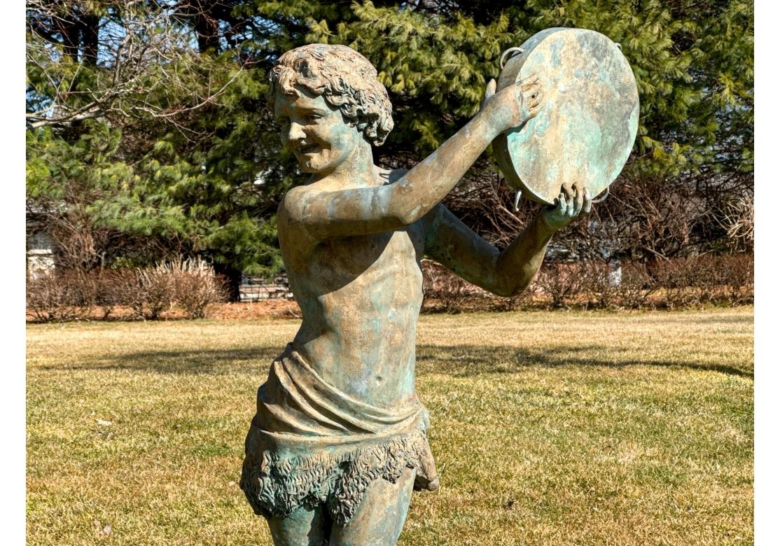 Exceptional  Bronze Garden Sculpture Of  Neoclassical Youth With Tambourine For Sale 5