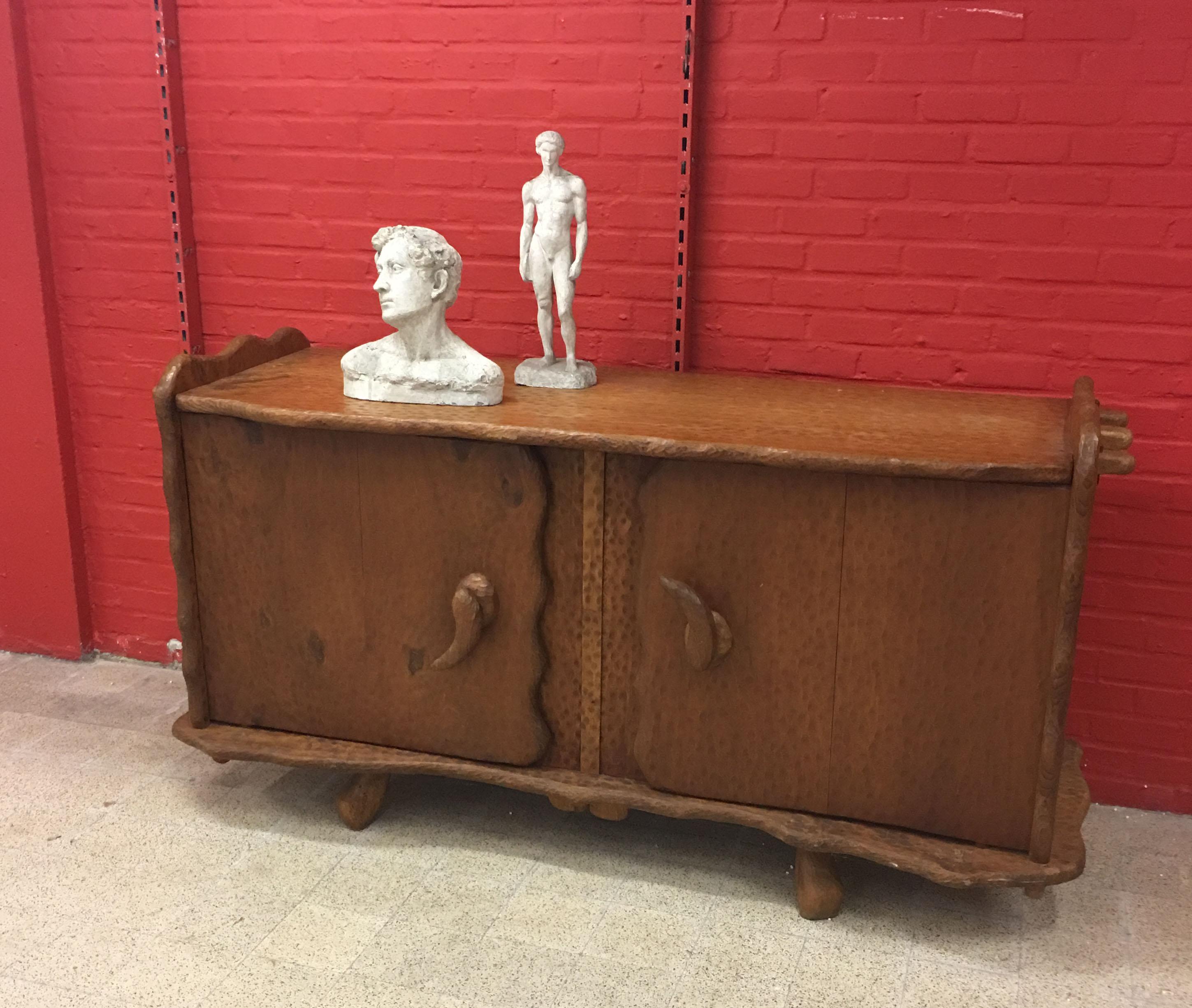 French Exceptional Brutalist Furniture in Solid Elm circa 1950, Work with Gouge For Sale
