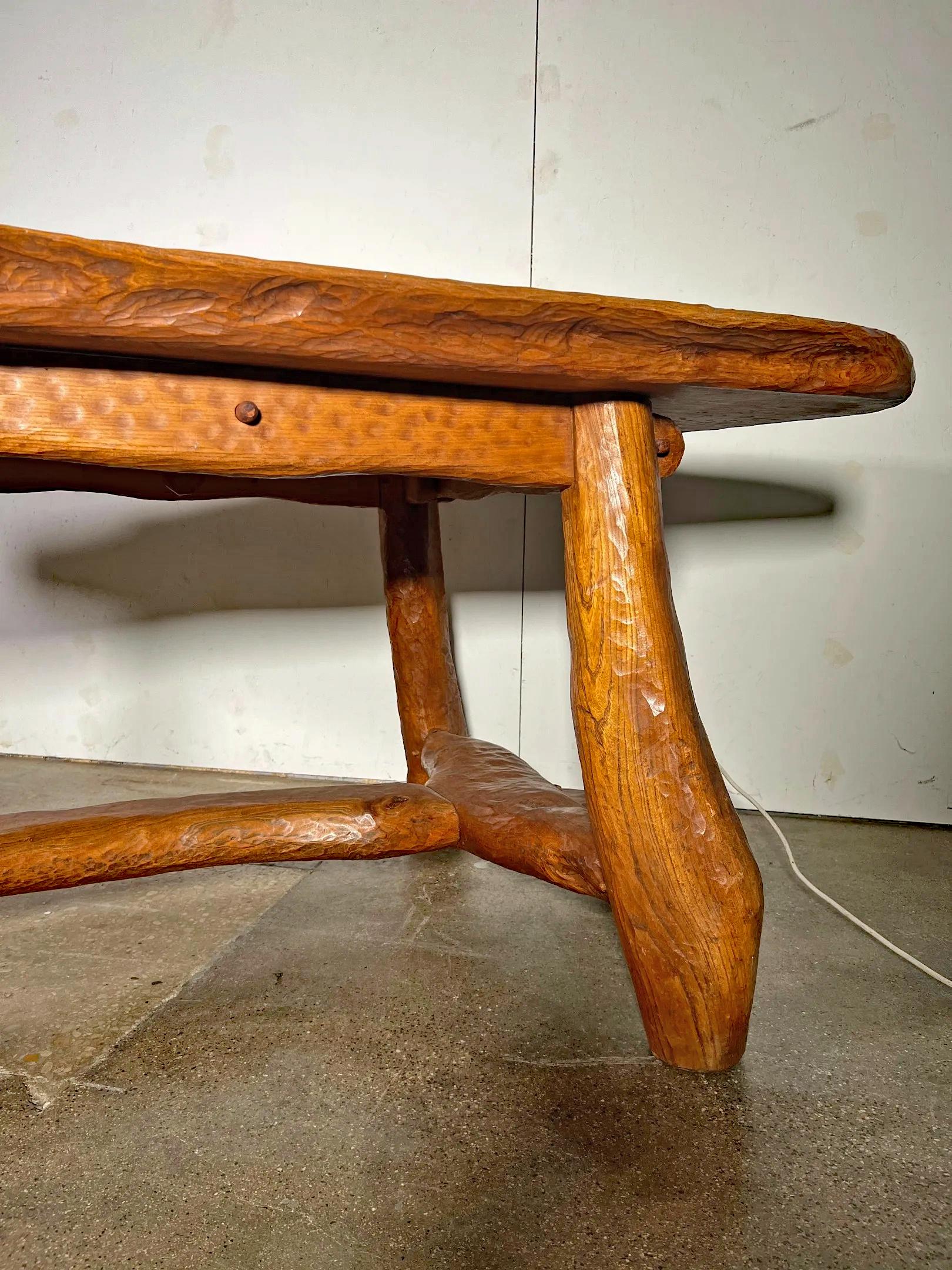 French Exceptional Brutalist Table In Solid Elm Circa 1950 For Sale