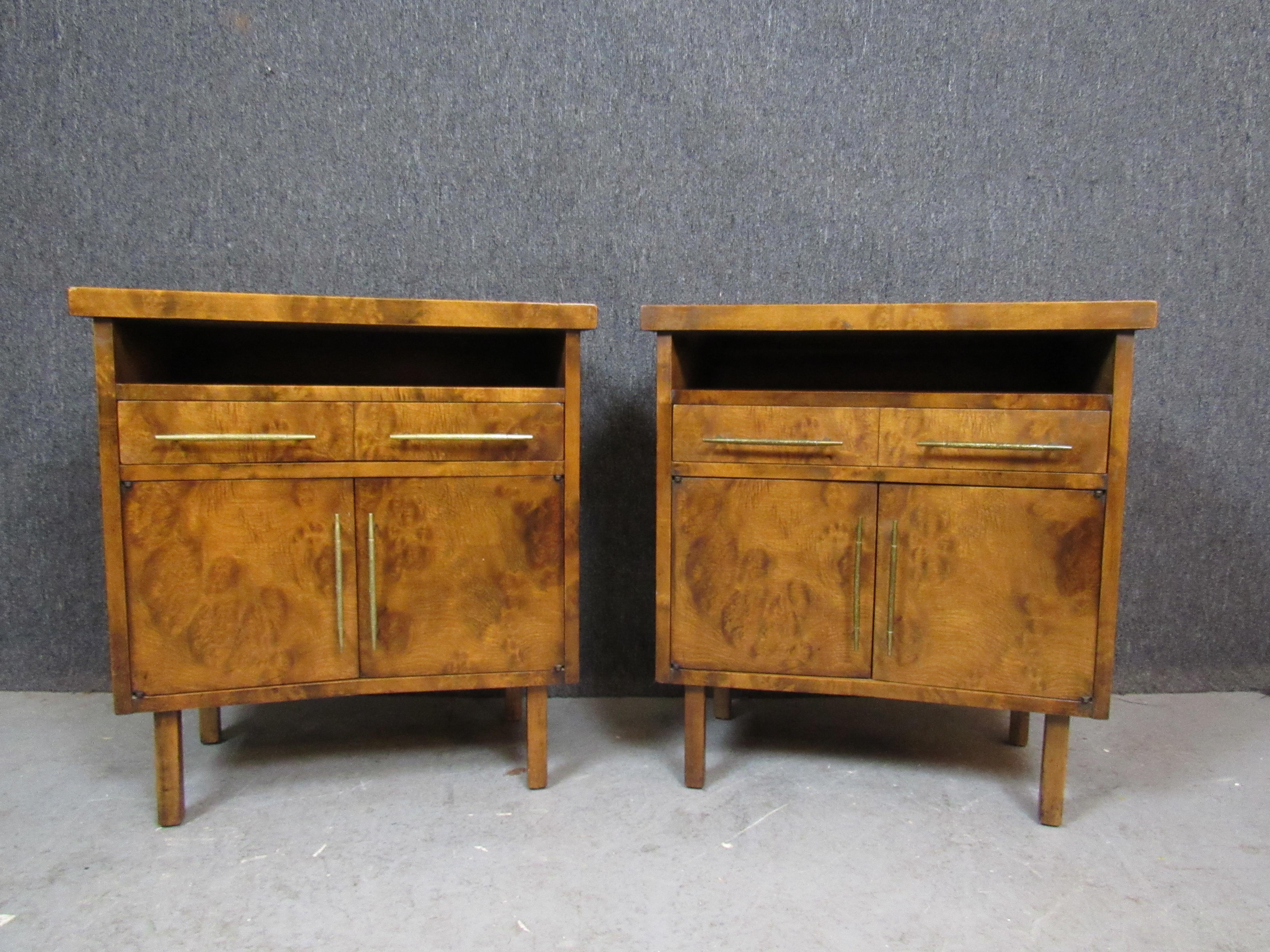 Exceptionally rare burled walnut nightstands from Harold Schwartz' iconic mid-century bedroom collection for Batesville, Indiana's RomWeber Furniture. The swirling natural wood grains create a wonderful contrast with the nightstand's classic