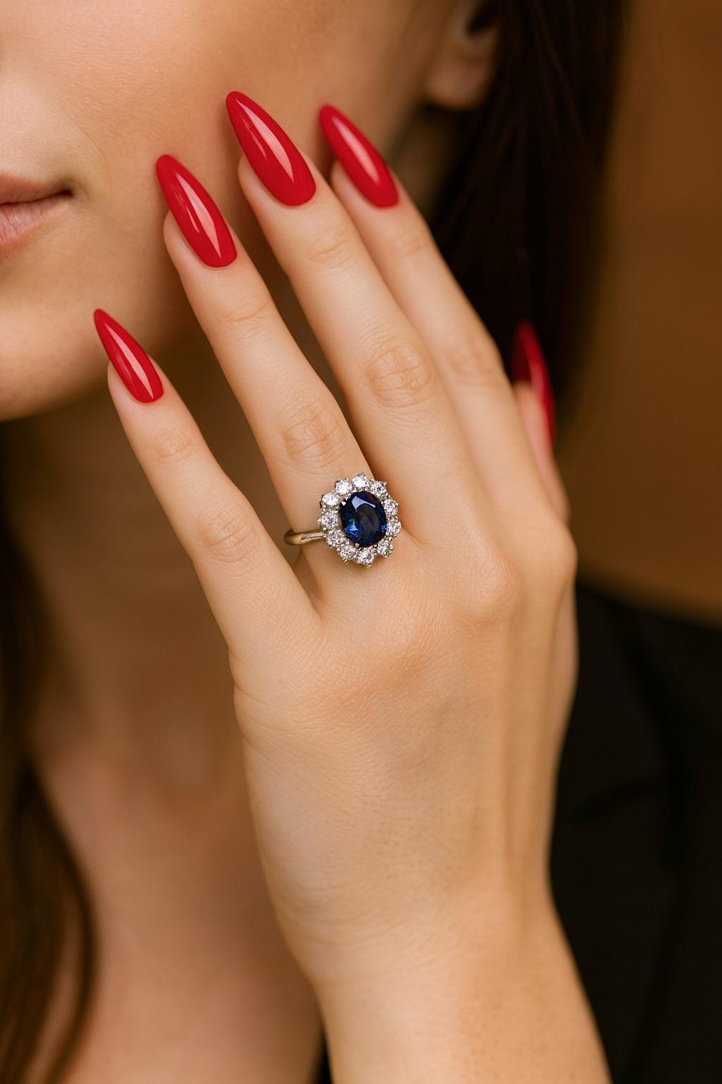Oval Cut Exceptional Burma Sapphire & Diamond Cluster Ring For Sale
