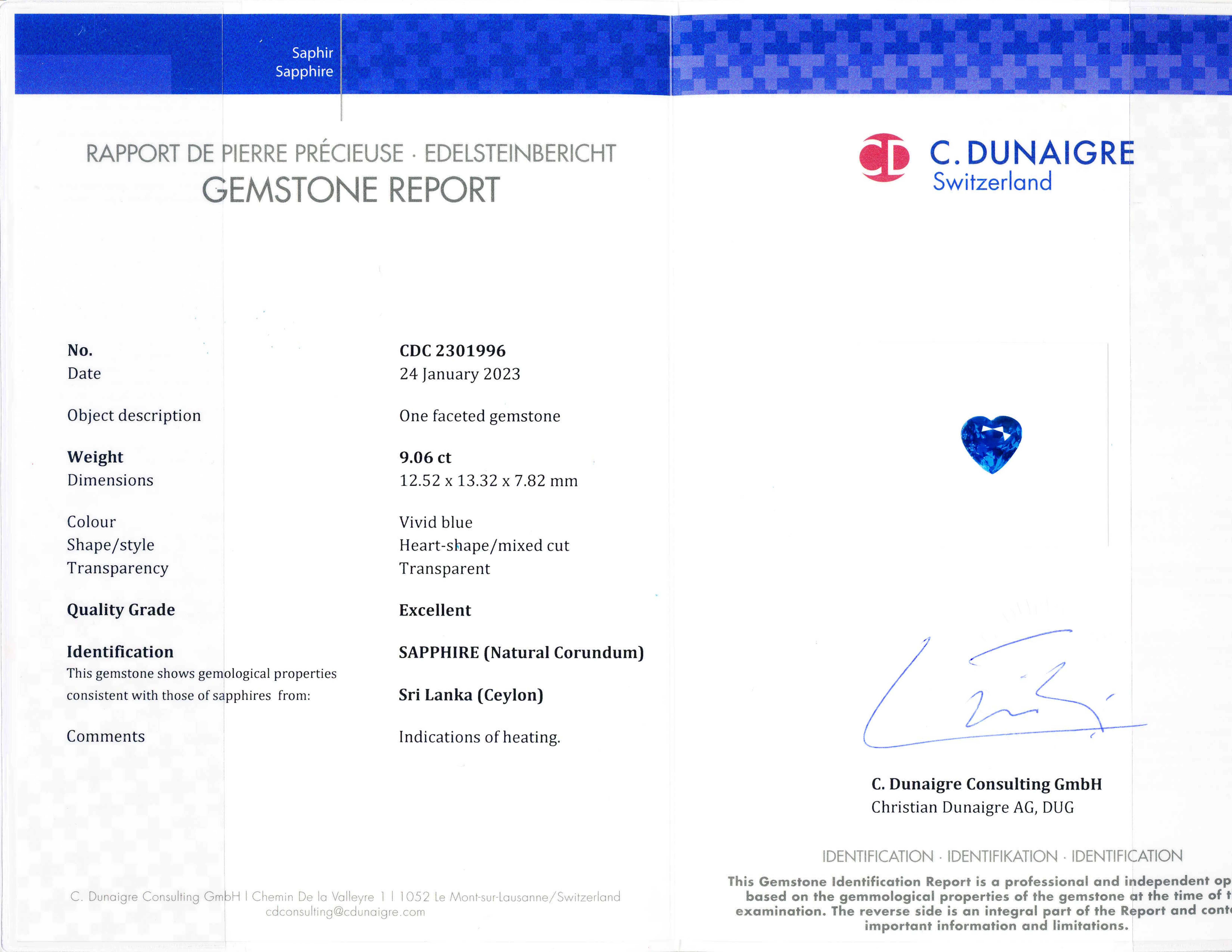 Außergewöhnlicher C. Dunaigre-zertifizierter 9,06 Karat Ceylon Vivid Blue Sapphire-Anhänger

Ein exquisites Beispiel für Eleganz und Seltenheit: Dieser bezaubernde Anhänger ist mit einem C. Dunaigre-zertifizierten 9,06 Karat schweren, herzförmigen