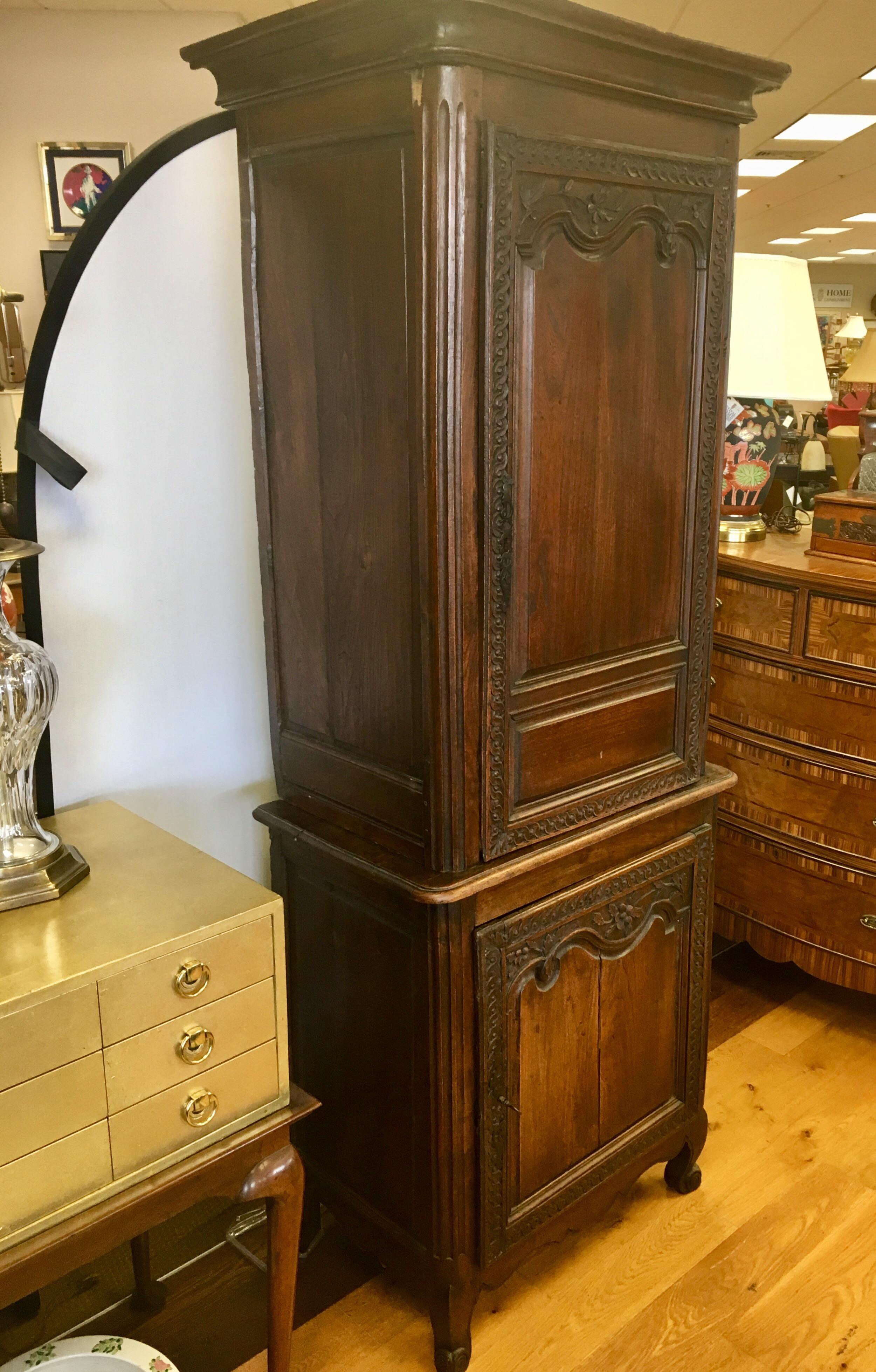 Exceptional Carved French Cabinet Armoire Early 19th Century Wardrobe In Fair Condition In West Hartford, CT