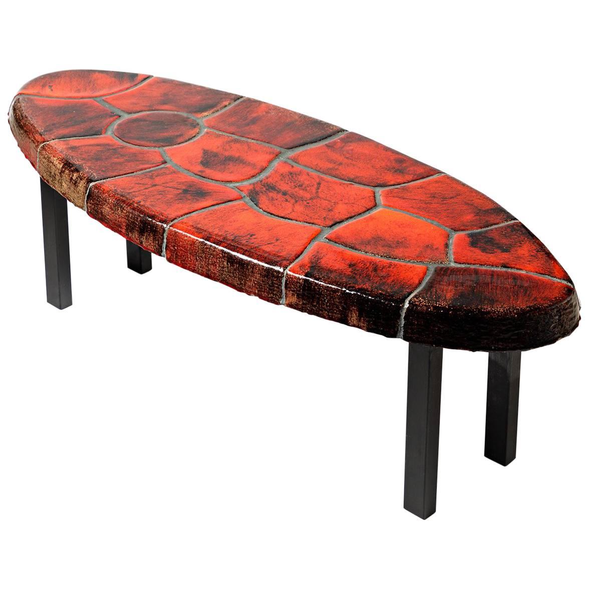 Exceptional Ceramic Low Table circa 1970 with Red Ceramic Glaze For Sale