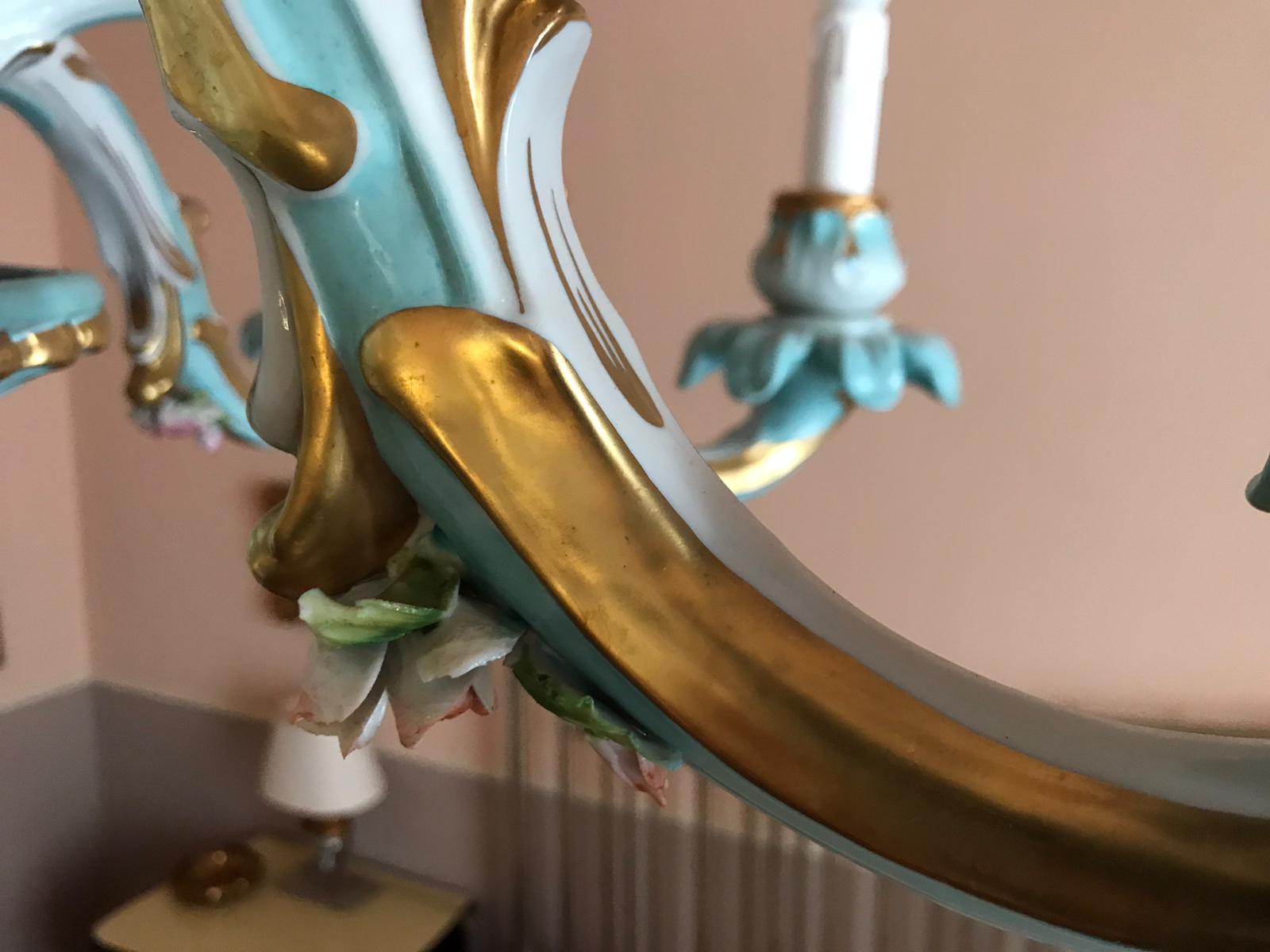 Exceptional Chandelier Hand Painted and Gilded Porcelain, circa 1940 For Sale 3