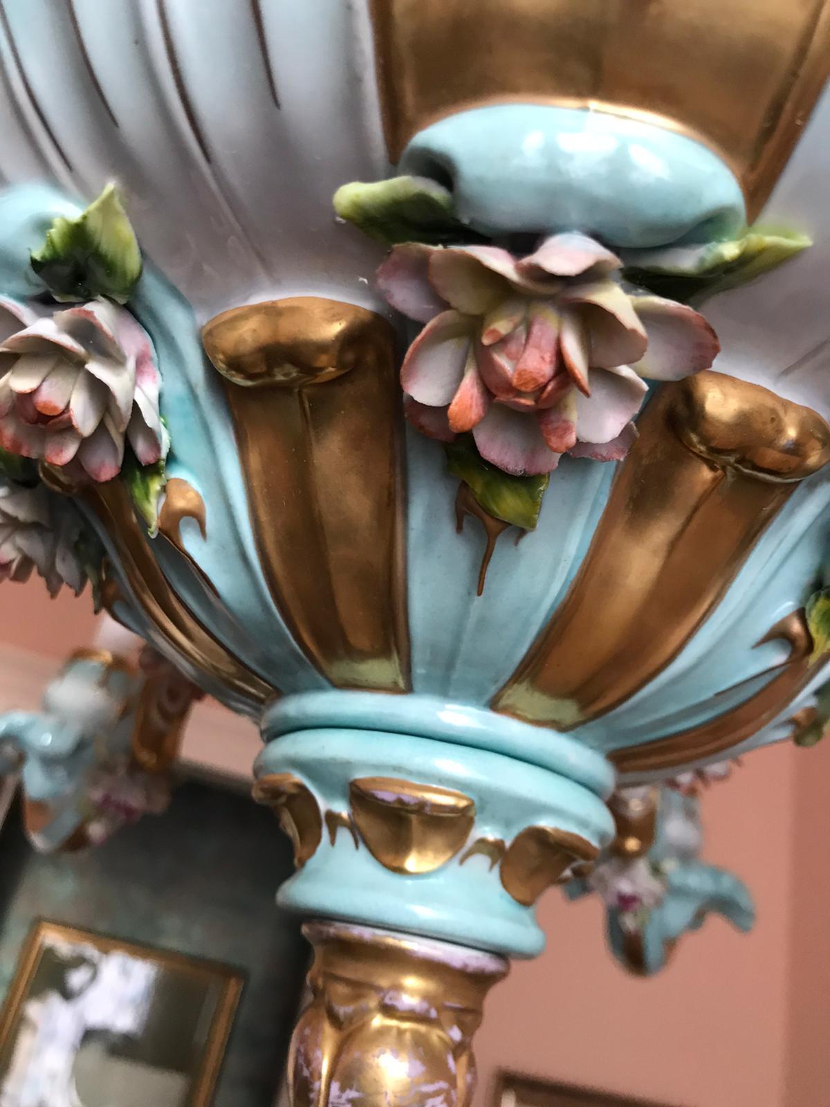 Exceptional Chandelier Hand Painted and Gilded Porcelain, circa 1940 For Sale 5