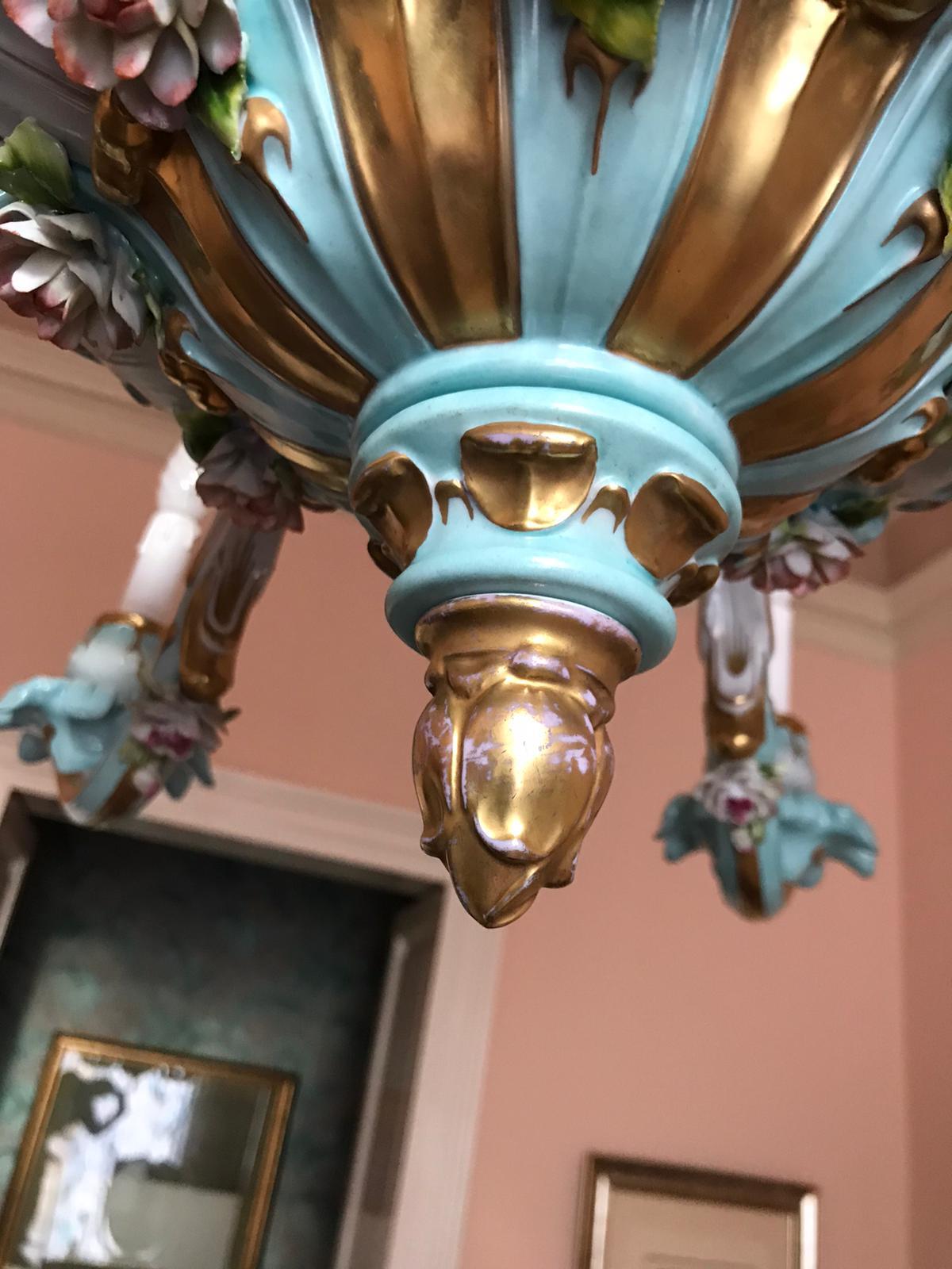 Exceptional Chandelier Hand Painted and Gilded Porcelain, circa 1940 For Sale 2