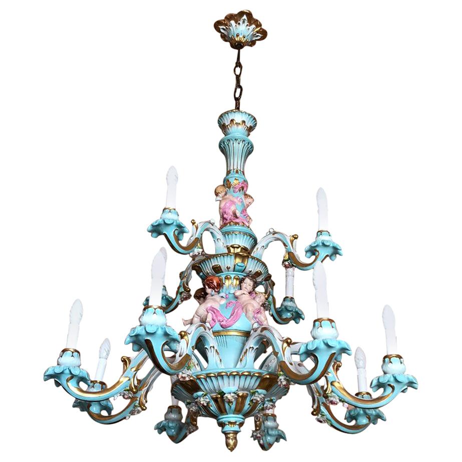 Exceptional Chandelier Hand Painted and Gilded Porcelain, circa 1940 For Sale