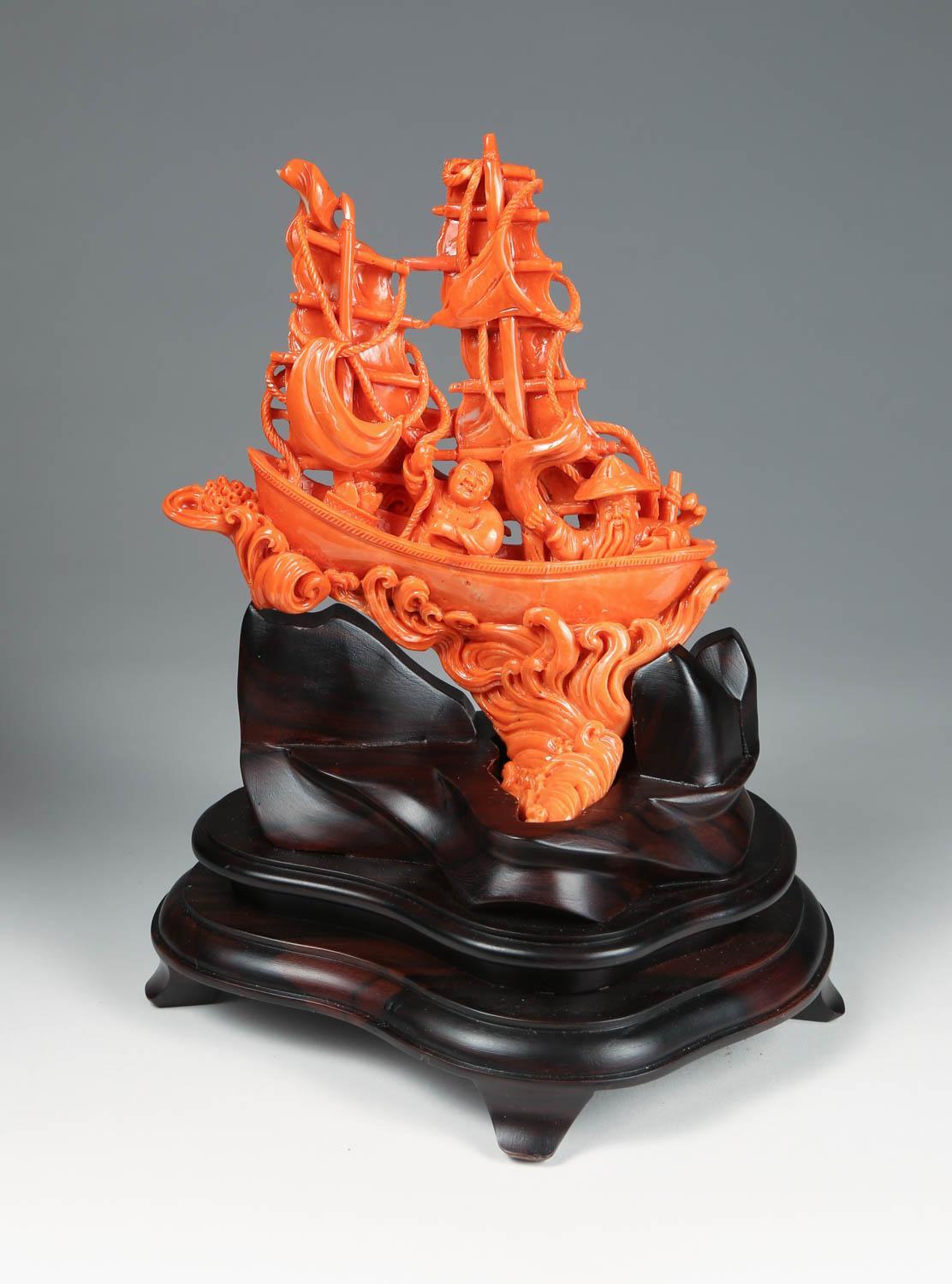 An Exceptional Chinese carved coral boat with sailors.

Very finely carved. With original wooden base.

Coral: 7